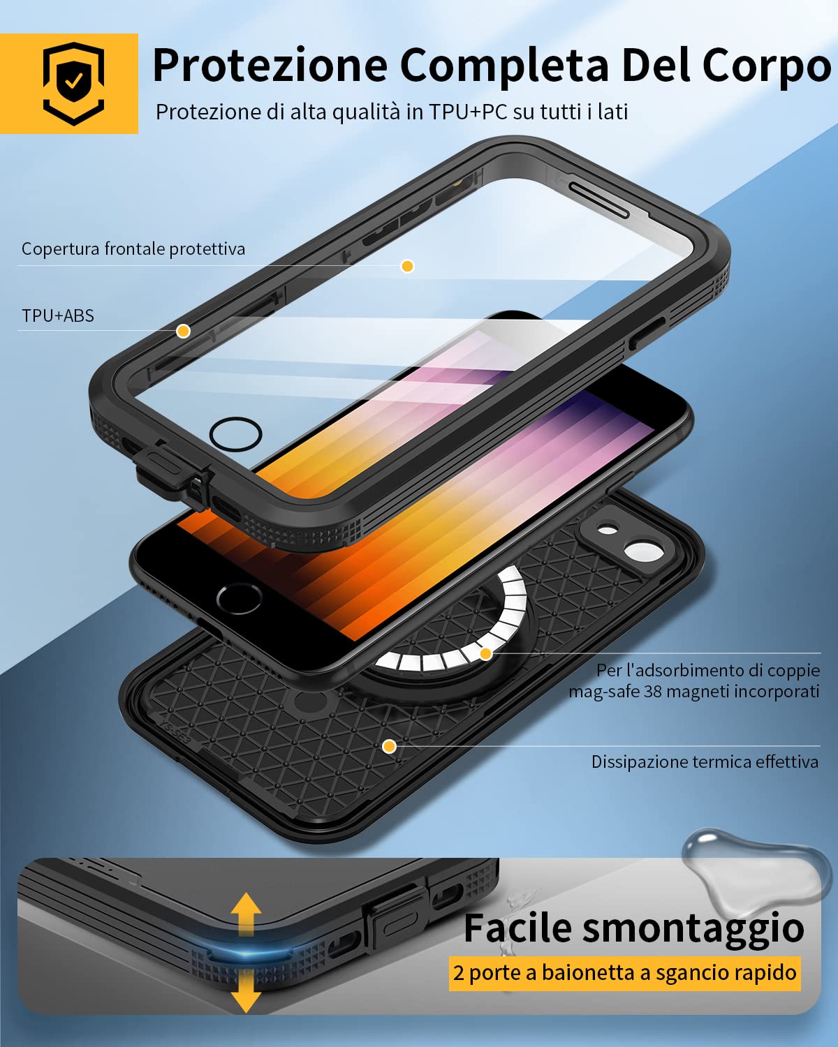 Lanhiem Cover Compatibile con iPhone SE (2022/2020) 8/7 [IP68 Impermeabile e Compatibile con MagSafe] Protezione a 360 Gradi Custodia Subacquea Robusta Antiurto,Protezione dello Schermo,Nero