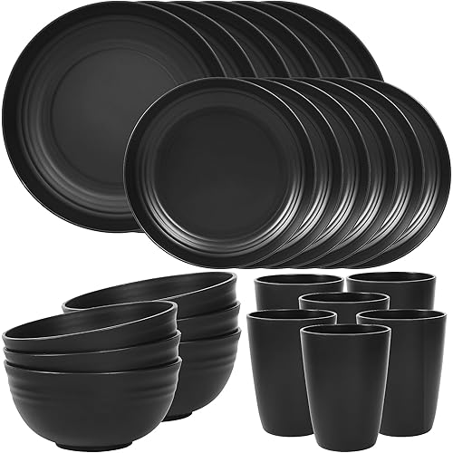 Quatish 24 Piece Wheat Straw Dinnerware Sets of 6, Kitchen Plates and Bowls Sets, Unbreakable Plastic Dish Set for Camping, Dishwasher Microwave Safe, Kitchen and Dinning Essentials, Black