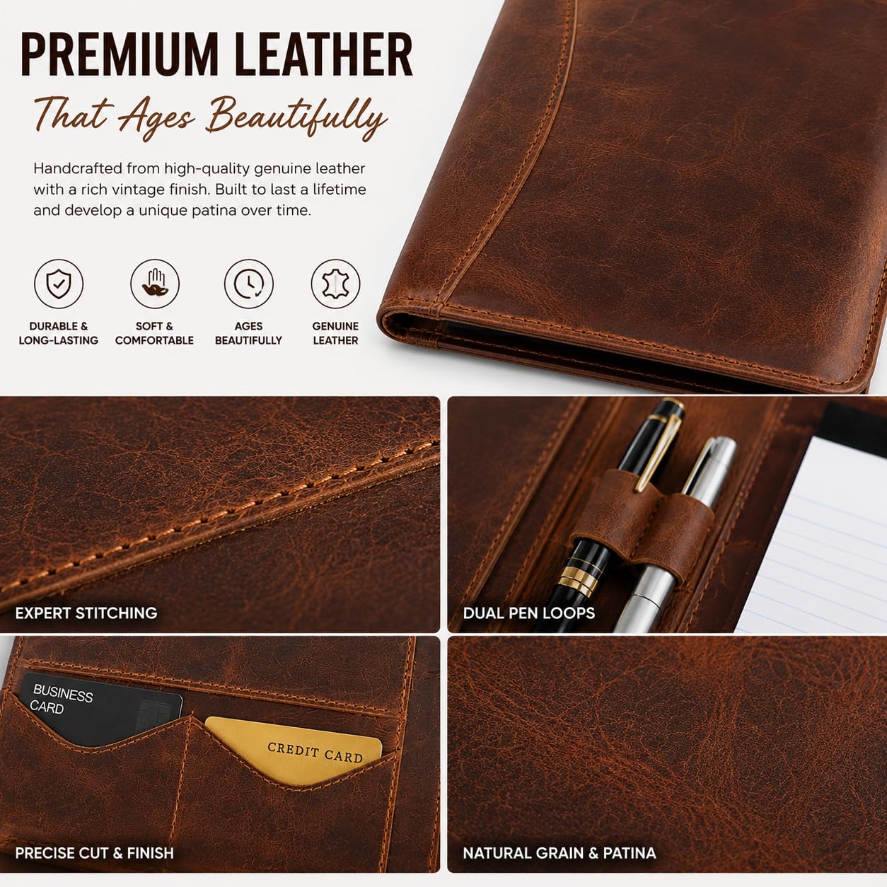 Portefeuille d'affaires en cuir – Porte-documents en cuir A4 pour homme et femme | Porte-documents professionnel avec porte-cartes de visite, bloc-notes et fente pour stylo – Idéal pour les réunions