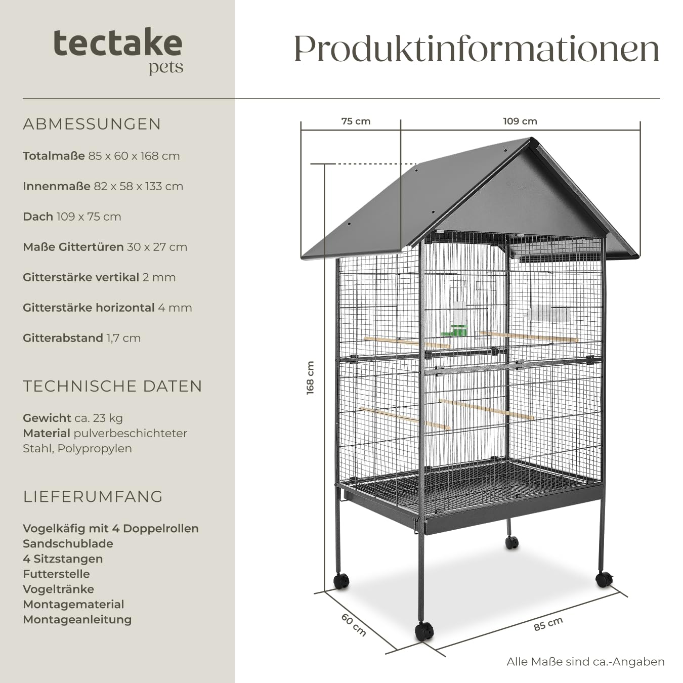 tectake® Vogelkäfig groß, Papageienkäfig mit Sandschublade, Voliere auf Rollen, Birdcage mit 4 Sitzstangen, Vogelvoliere mit Rollen, 85 x 60 x 168 cm, Nymphensittich Käfig, Vogelkäfig Wellensittich