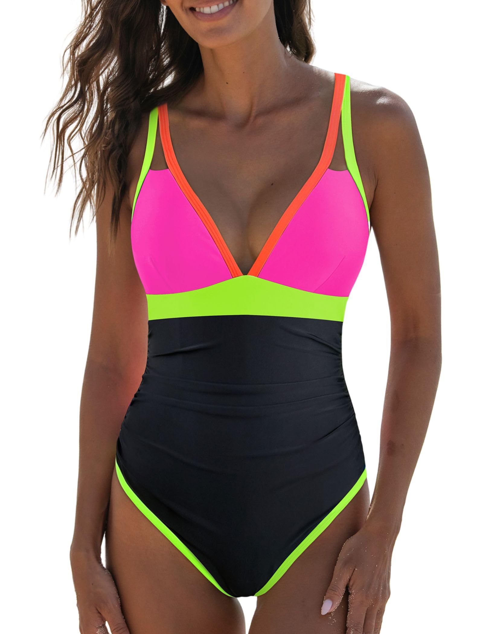popvil Women's One Piece 2025 Tummy Control Swimsuits Neon Color Block Swimwear Deep V Neck Slimming Bathing Suit