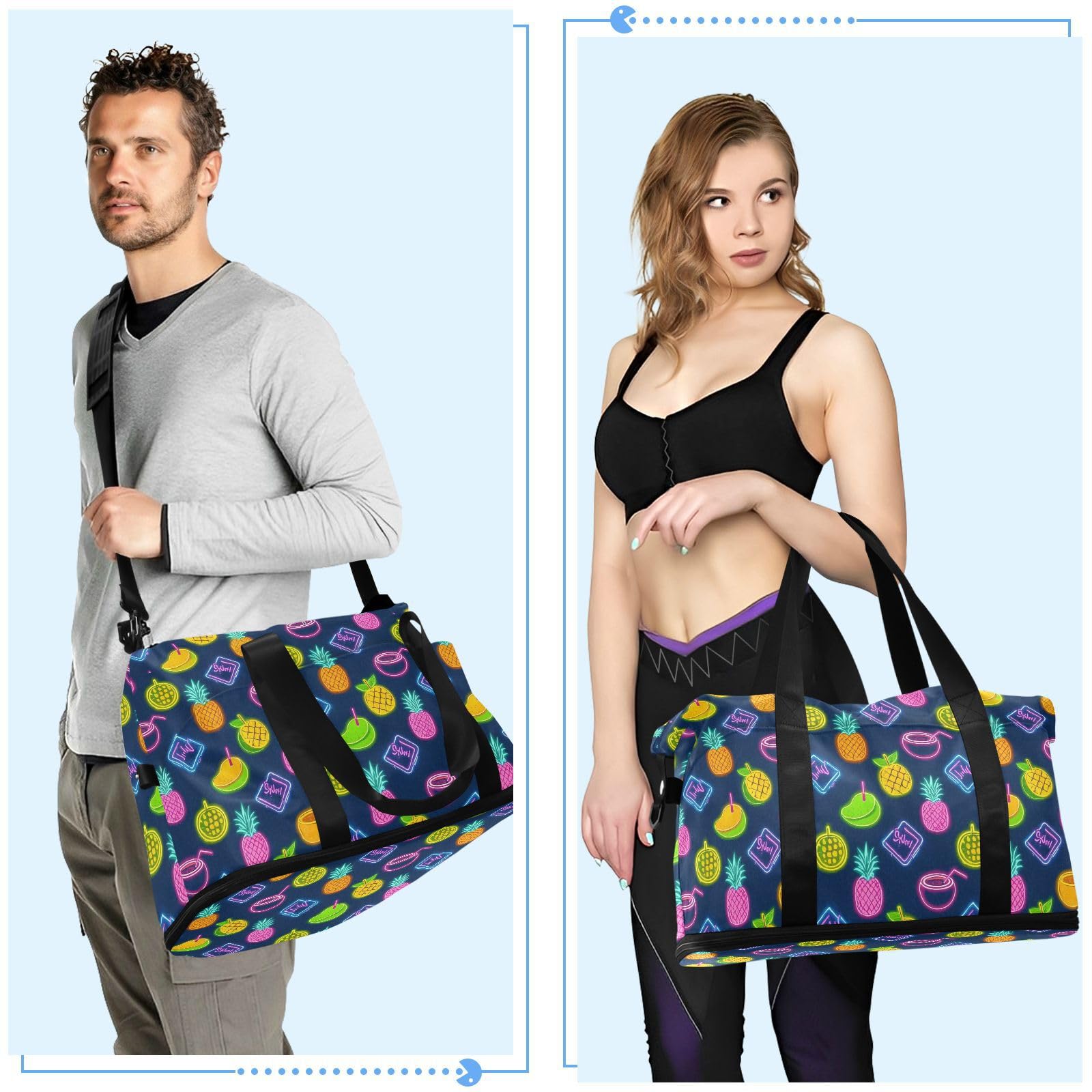 Bolsa de verano de coco neón, bolsa de fin de semana con bolsillo húmedo, correa ajustable, bolsa de gimnasio para viajes, impermeable, para hombres y mujeres