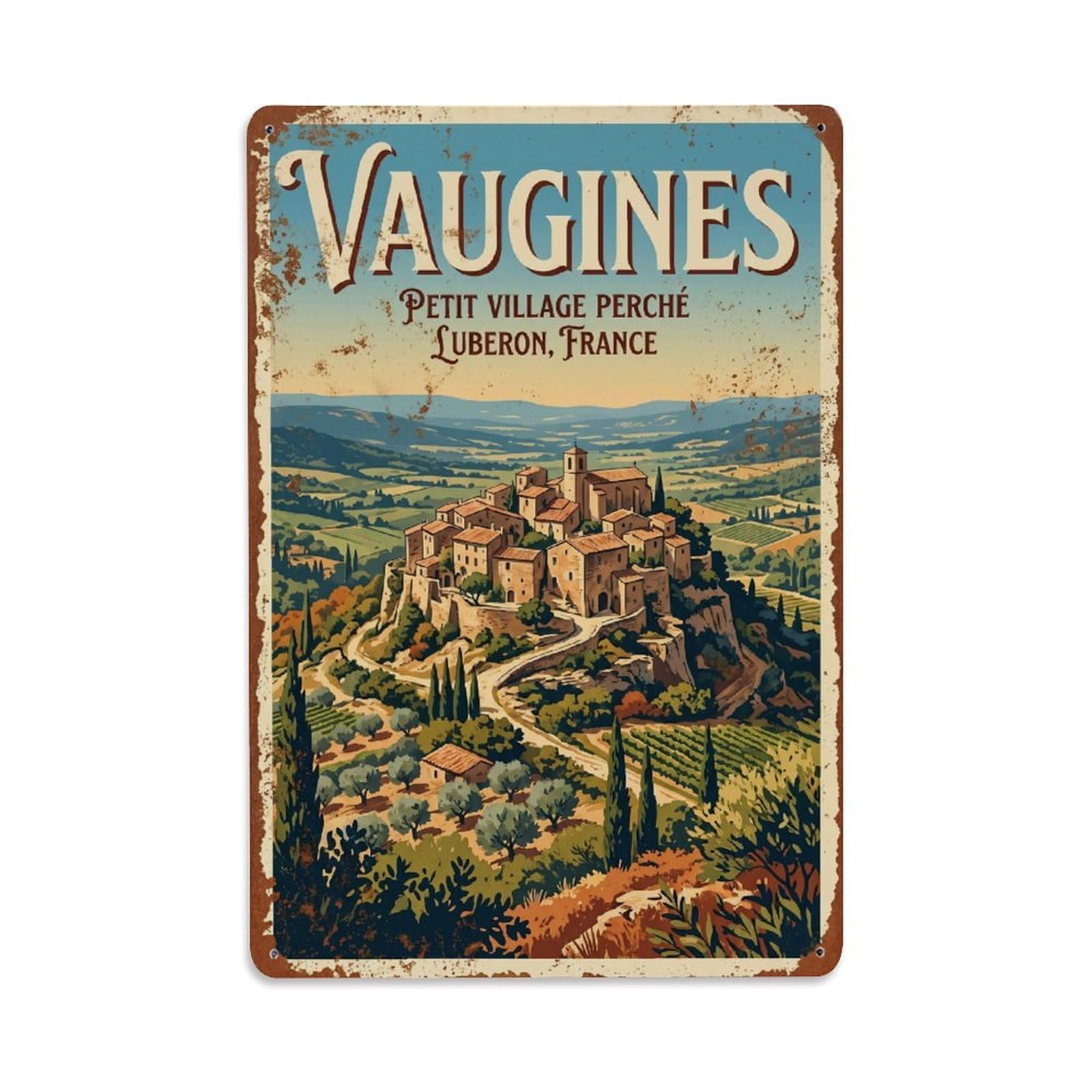 Vintage Travel Vaugines France Metal Tin Sign