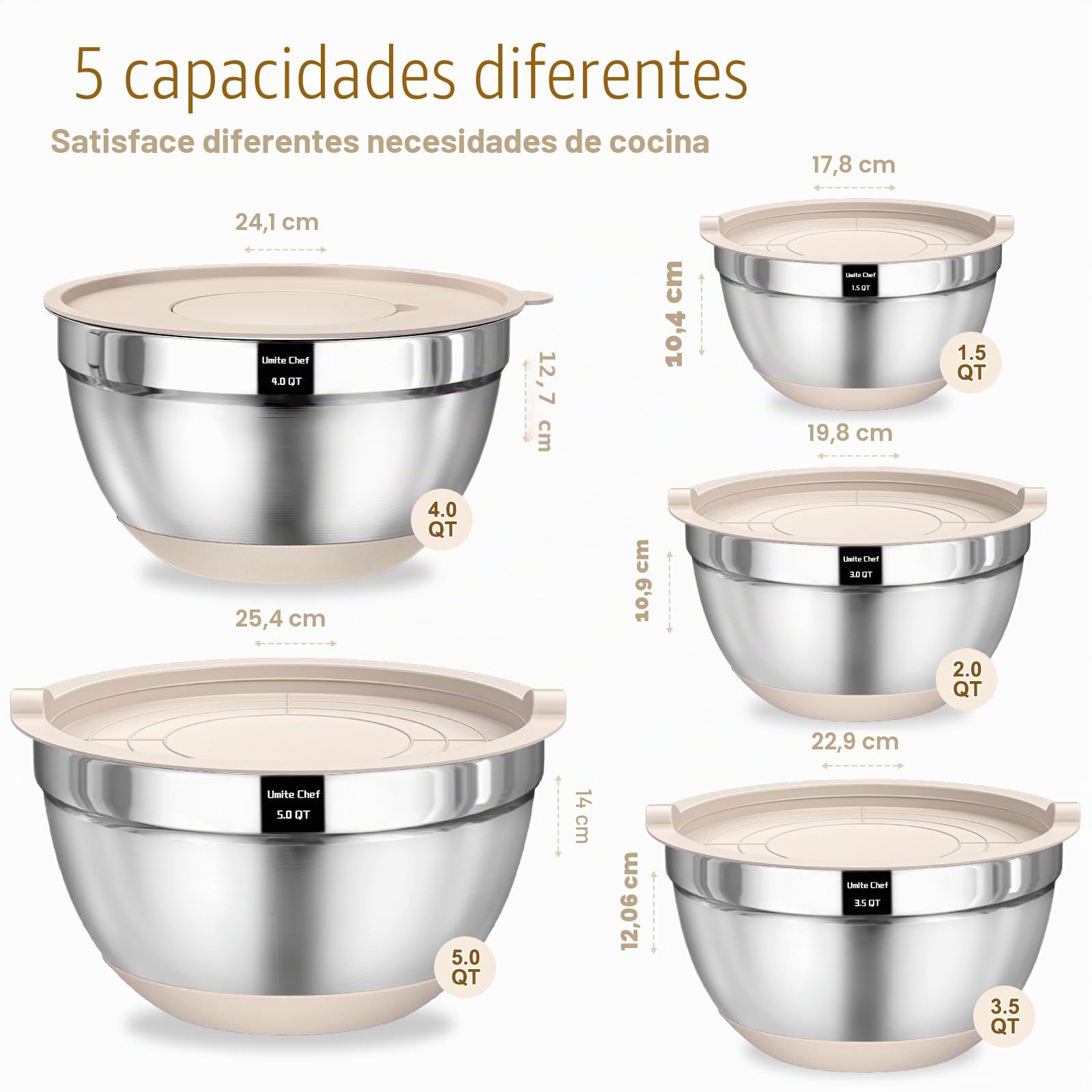 Umite Chef 8 cuencos para mezclar con tapa hermética, de acero inoxidable, color caqui, con accesorios de rallador, cuencos de cocina con base antideslizante, tamaño 5, 4, 3,5, 2, 1,5 l para mezclar y