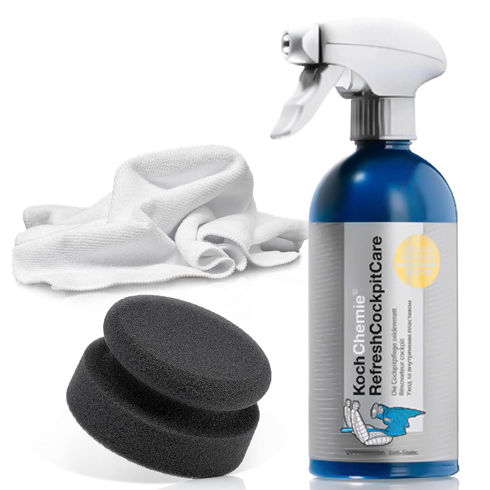 detailmate CockpitpflegeSet - Koch Chemie Refresh Cockpit Care 0,5L Schwammapplikator, Soft + Innenreinigungs Mikrofasertuch