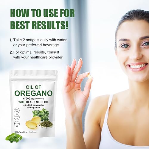 Miniatura 6 de Aceite de orégano con aceite de semilla negra, cápsulas de aceite de orégano orgánico de 6000 mg 2 en 1, sin OMG, sin gluten (180 unidades)