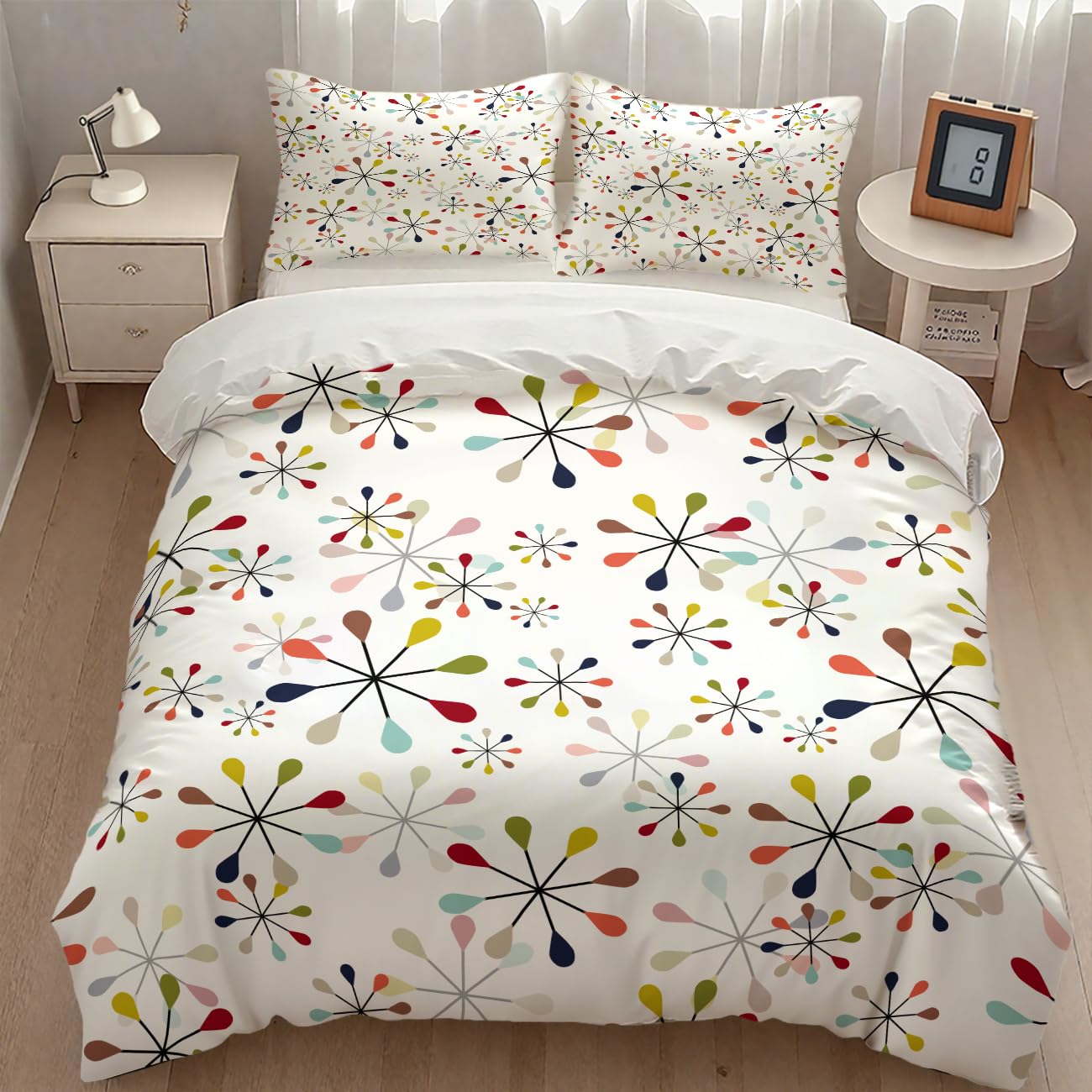 Mid Century Bedding Set,Modern Geometric Atomic Abstract Iconic Pattern 1950s 1960s Retro Style Comforter Set with Pillowcase for Bedroom Bed Decor，Twin 86"x70"