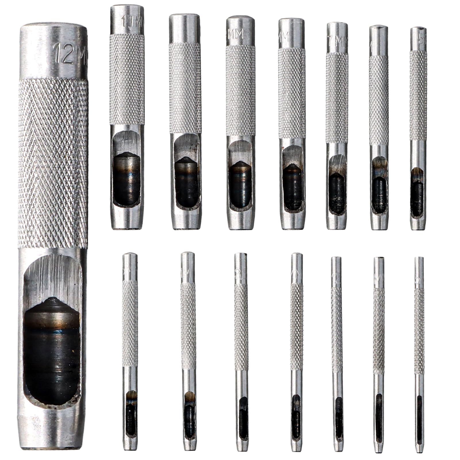 Juego de Punzones de Agujero, 15 Piezas Punzón Hueco de Cuero Agujero, Punzón de Cuero Redondo de Acero, 1.5-12mm Perforadoras Cuero para Banda de Reloj, Zapatos, Tela, Ropa de Lona