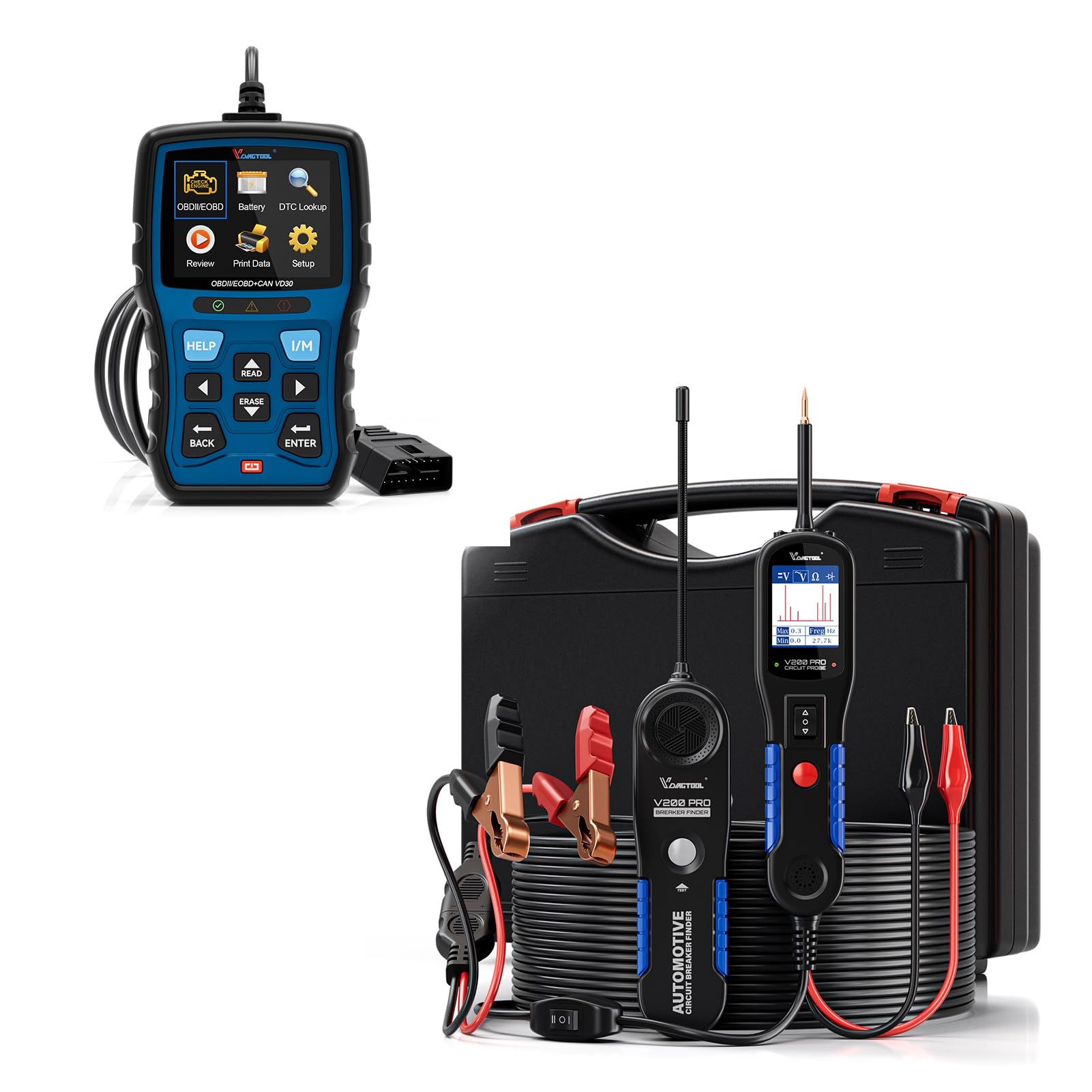 VDIAGTOOL V200 Pro Automotive Power Circuit Probe Tester Breaker Finder Tool with VD30 OBD2 Check Engine Code Reader Blue