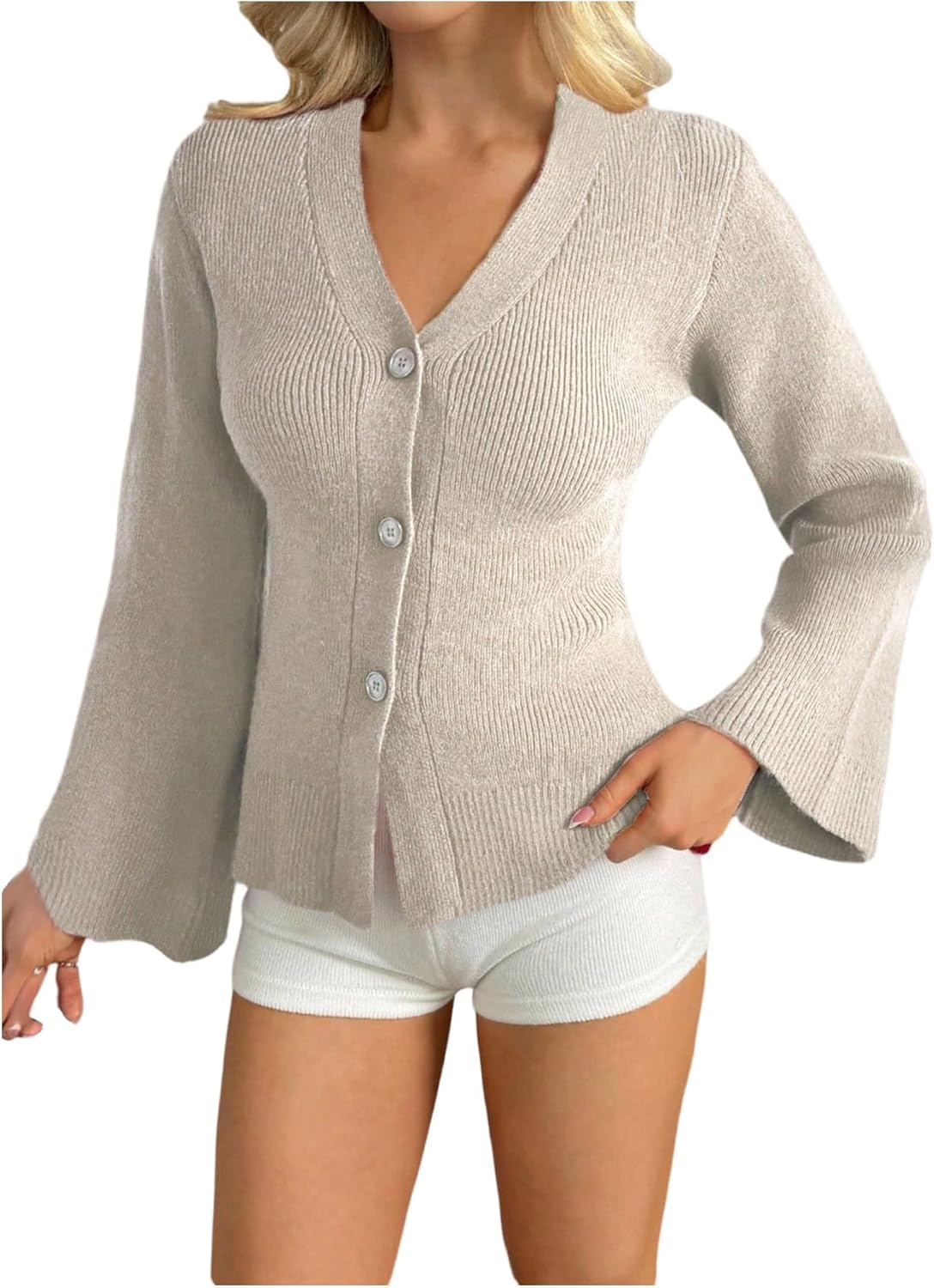 Milumia Women's Cinched Waist Long Sleeve Cardigan Sweater V Neck Button Down Fall Knit Sweaters