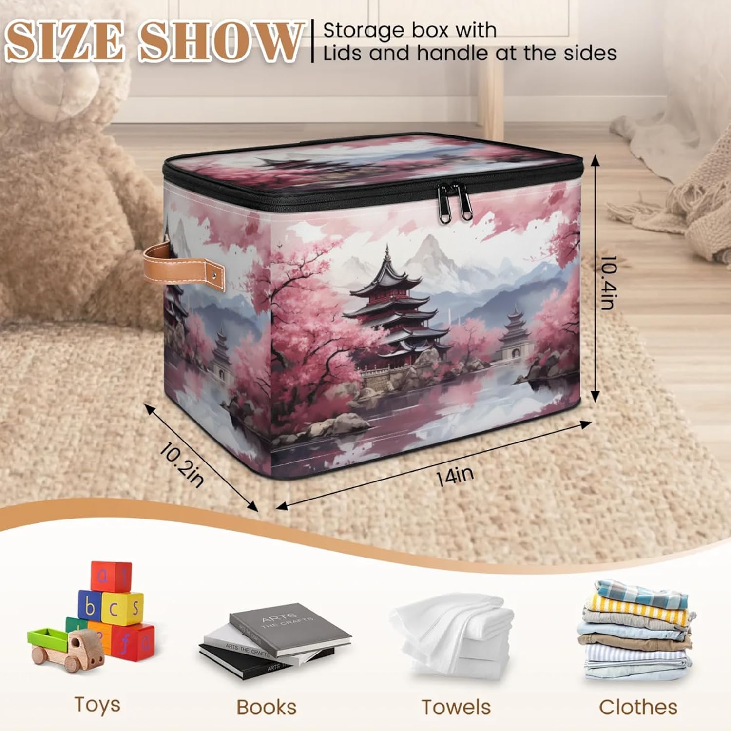 Storage Bin Set of 2 Chinese Style Scenery Storage Basket with Zipper Lid & Handle Foldable Closet Shelf 2 Pack Cloth Organizer Basket Cube Bins Clothes Organizer for Nursery, Bedroom