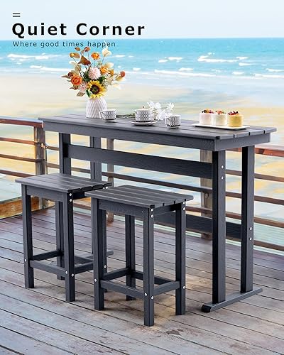 Miniatura 7 de Juego de 2 mesas y sillas de altura de barra de HDPE para exteriores, incluye mesa y sillas de patio superior, juego de bar de patio exterior para