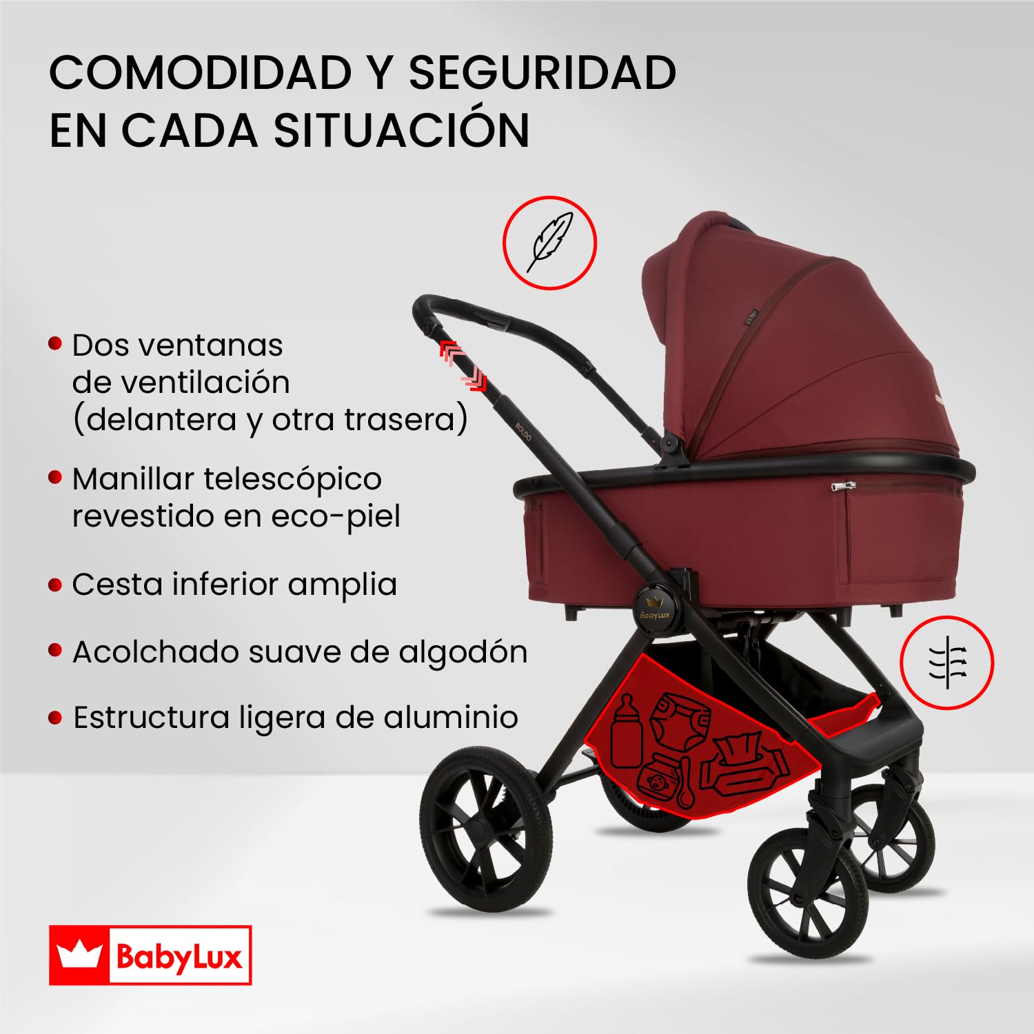 BabyLux® Carrito Bebe 3en1 BOLDO, Conjunto de Cochecito Ligero y Plegable | Incluye Capazo, Silla de Paseo, Portabebés i-Size, Bolso Cambiador y Más Accesorios, 0-22kg, Protección UV 50+,Ventilación