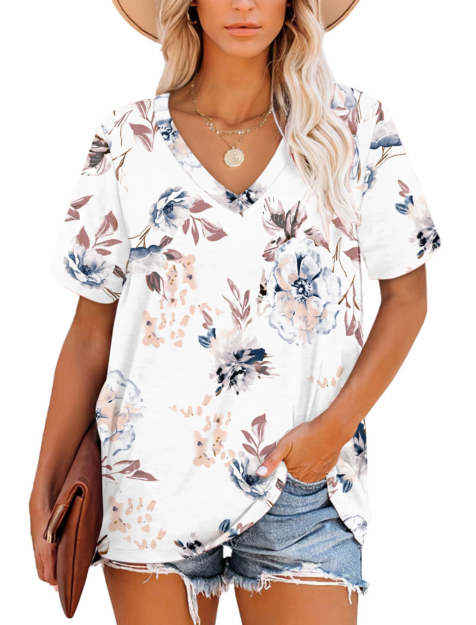 NARRAME Camiseta de Manga Corta con Cuello en V a Rayas para Mujer