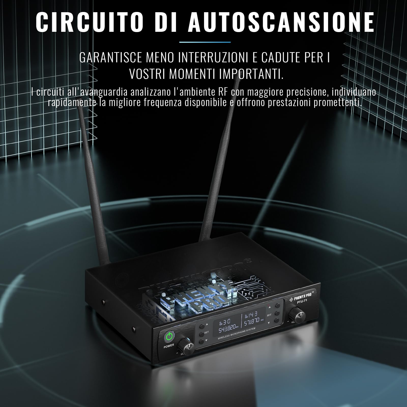 Phenyx Pro Sistema microfono wireless UHF doppio PTU-71-2B | scansione automatica con 2x100 frequenze, 2 bodypack e archetto/da bavero, microfono per cantare, chiesa, DJ