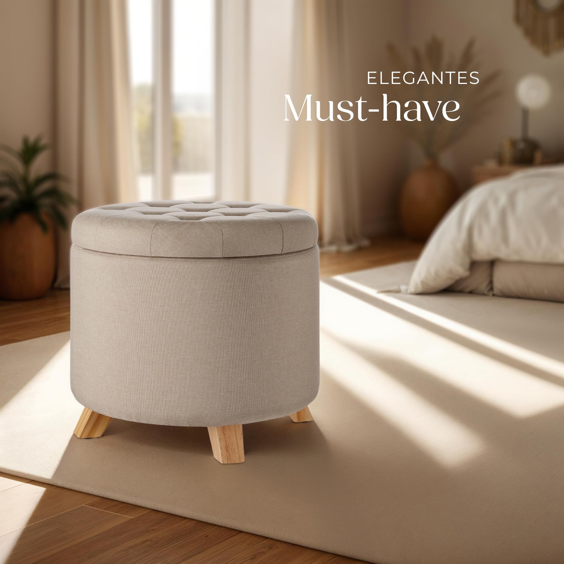 tectake® Hocker mit Stauraum, Sitzhocker mit Stauraum, Aufbewahrungsbox mit Deckel, Fußhocker, Hocker rund, Hocker Holz Beine, als Sitzbank Flur, im Wohnzimmer oder Schlafzimmer - Sand