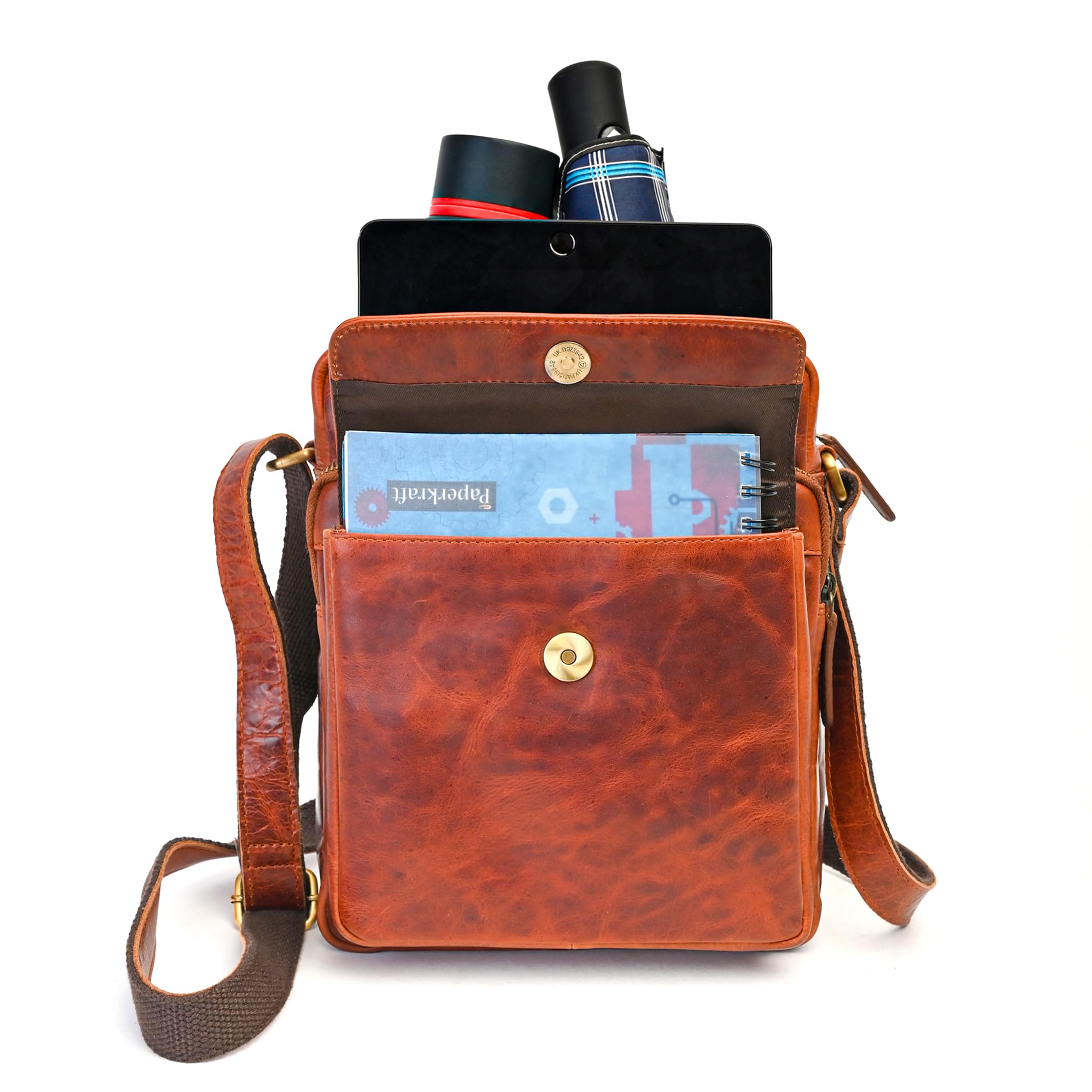 ALMADIH Leder Umhängetasche Herren perfekt für Tablet iPads 12.9 Zoll - DON braun - Kompakte echte Ledertasche für Arbeit & Alltag Messenger Schultertasche kleine Herrentasche