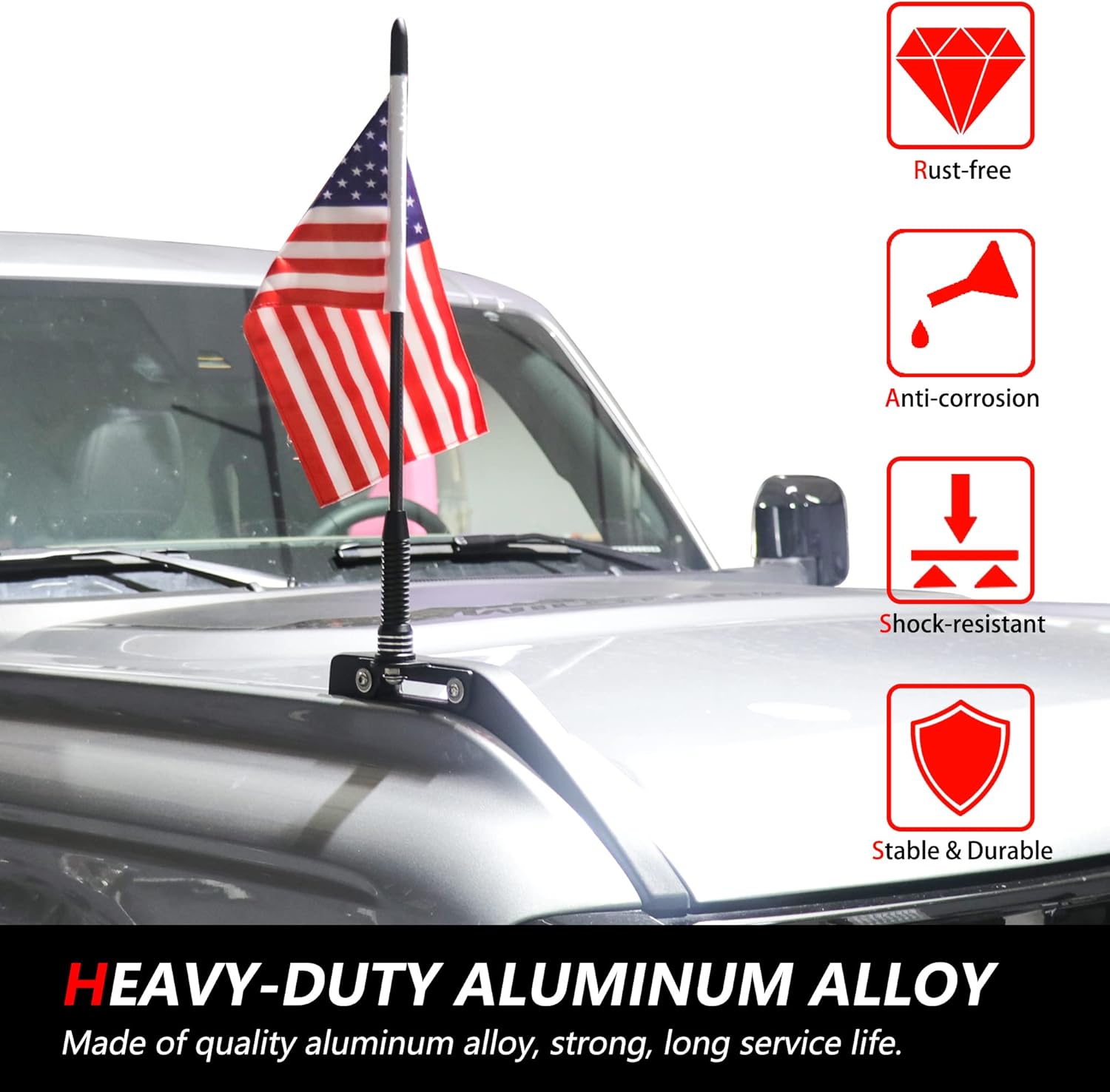 Flag with Pole and Mount Holder for 2021 2022 2023 2024 2025 2026 Ford Bronco 2/4 Door Accessories Whip Flag Bracket Hood Trail Sights Side Release Handle Mounting 360° Adjustable Aluminum