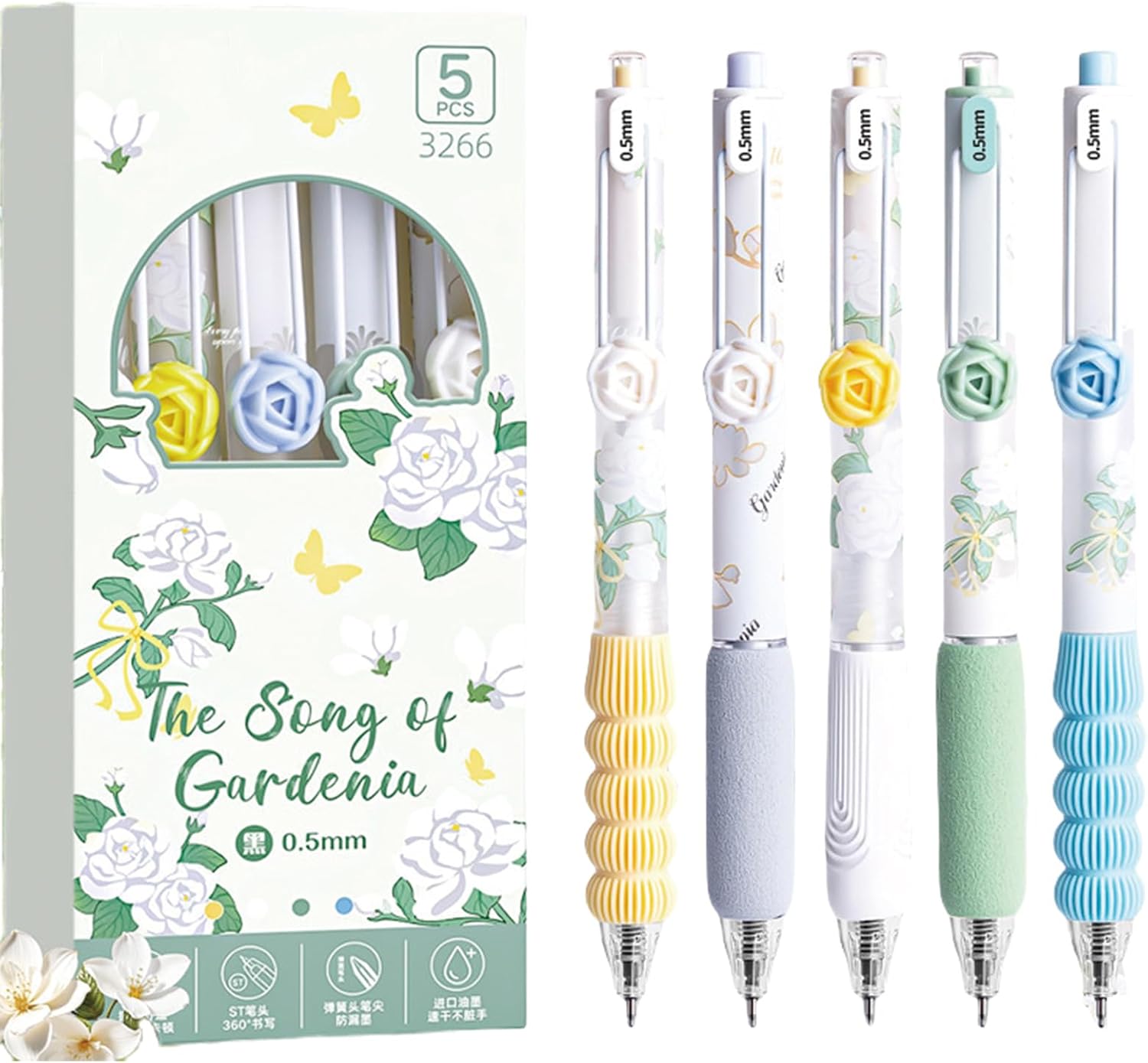 MOZXIRZ 5 Pcs Gel Ink Pens Retractable Pens Cute Flower Pen 0.5mm Black Ink Writing Pen Office School Supplies Aesthetic Pens for Women Girls (Blue)
