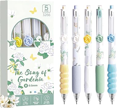 MOZXIRZ 5 Pcs Gel Ink Pens Retractable Pens Cute Flower Pen 0.5mm Black Ink Writing Pen Office School Supplies Aesthetic Pens for Women Girls Blue