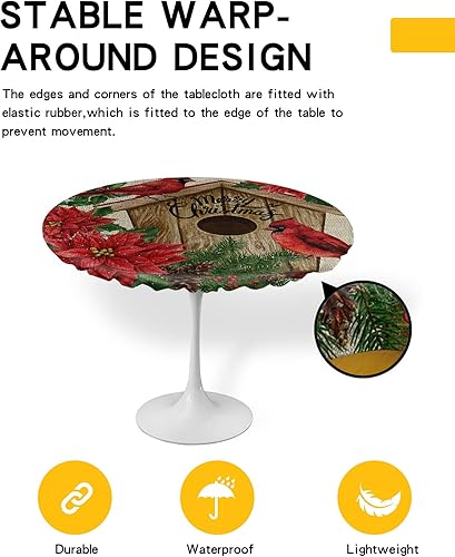 Miniatura 8 de Mantel redondo ajustable de flor de pascua de invierno, color rojo, diseño de bayas de pino, mantel elástico impermeable para interiores y