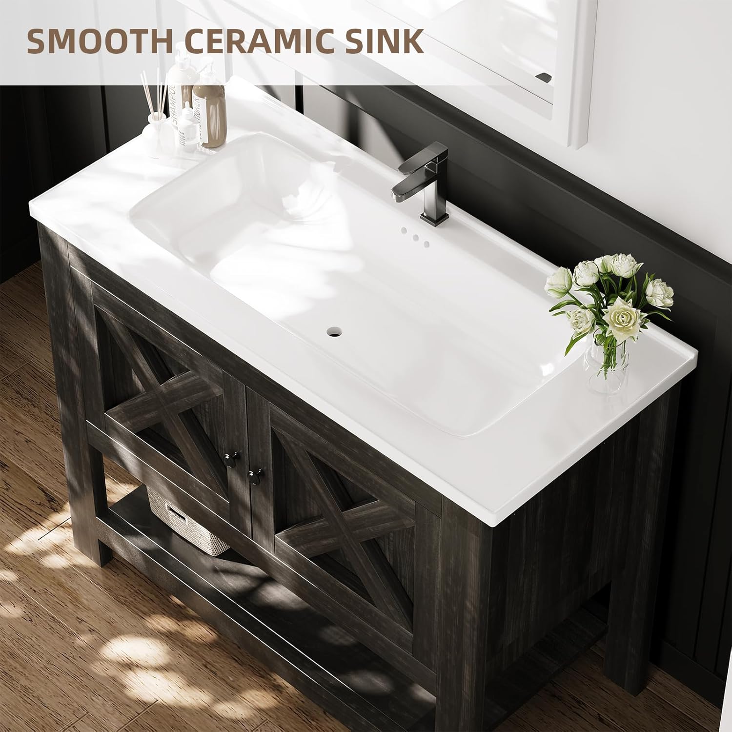 36" Farmhouse Bathroom Vanity with Sink, 2 Doors Cabinet & Shelf, Dark Oak thumbnail
