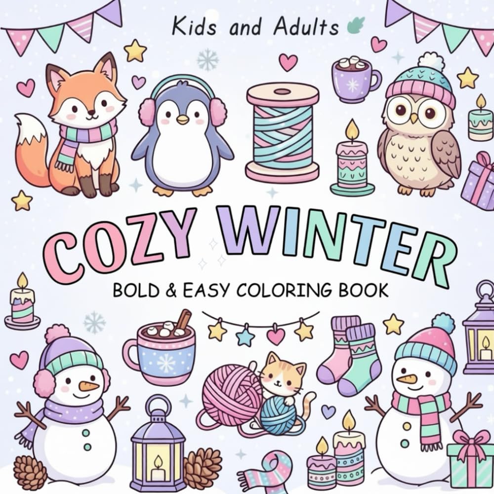 Cozy Winter Bold and Easy Coloring Book: Adults & Kids: 50 Designs: Animals, Christmas, Simple Patterns, & More (Winter Coloring for Relaxation)