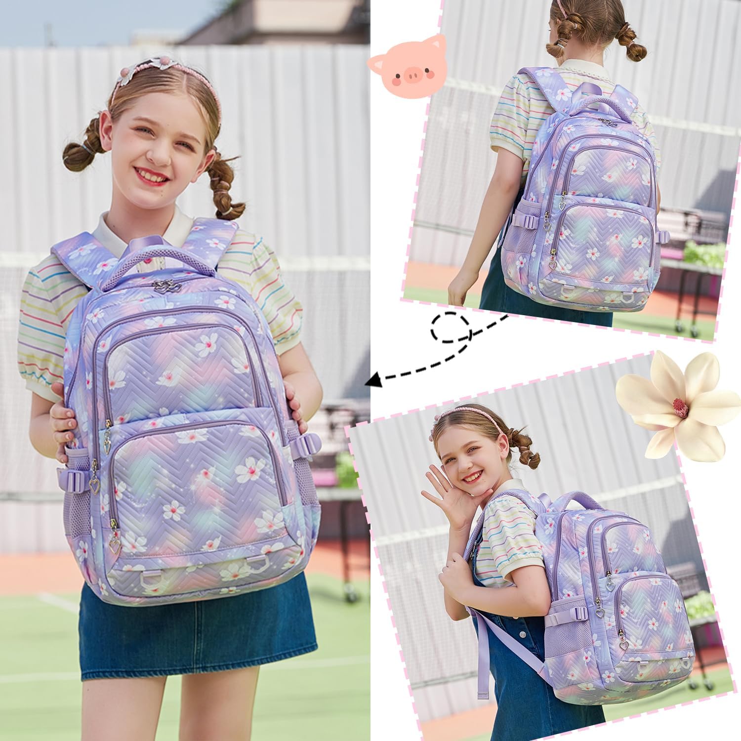 Girls Backpack with Lunch Box for Elementary Middle School,17 Inch Purple Lightweight School Backpack with Lunch Bags Set for Girls