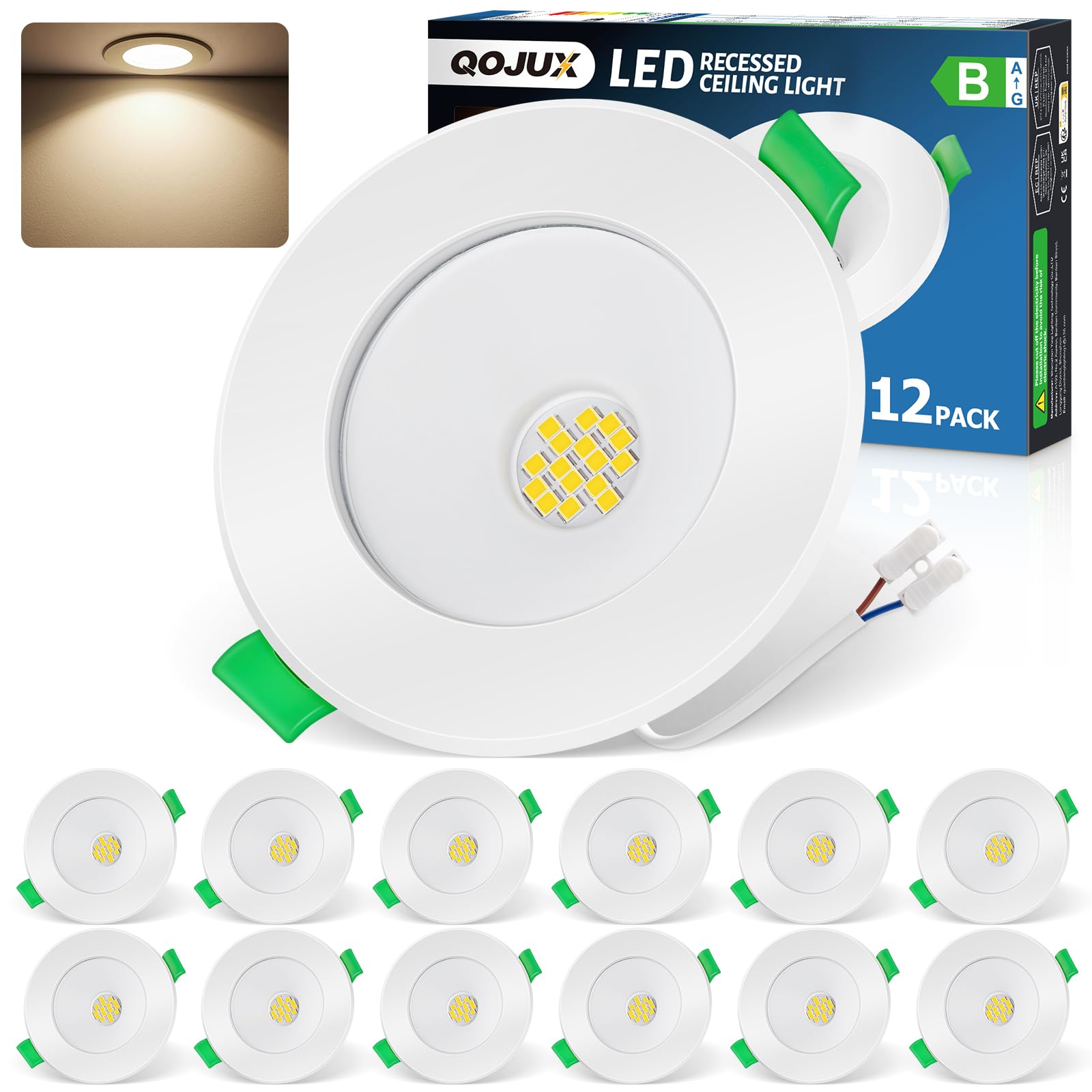 LED Einbaustrahler 230V Energieklasse B, 5W 800LM Neutralweiß LED Spot 68-80mm Lochmaß, IP44 Deckenspots 26mm Ultra Flach 4000K Einbauleuchten für Badezimmer Küche Wohnzimmer, Nicht Dimmbar, 12 Stück