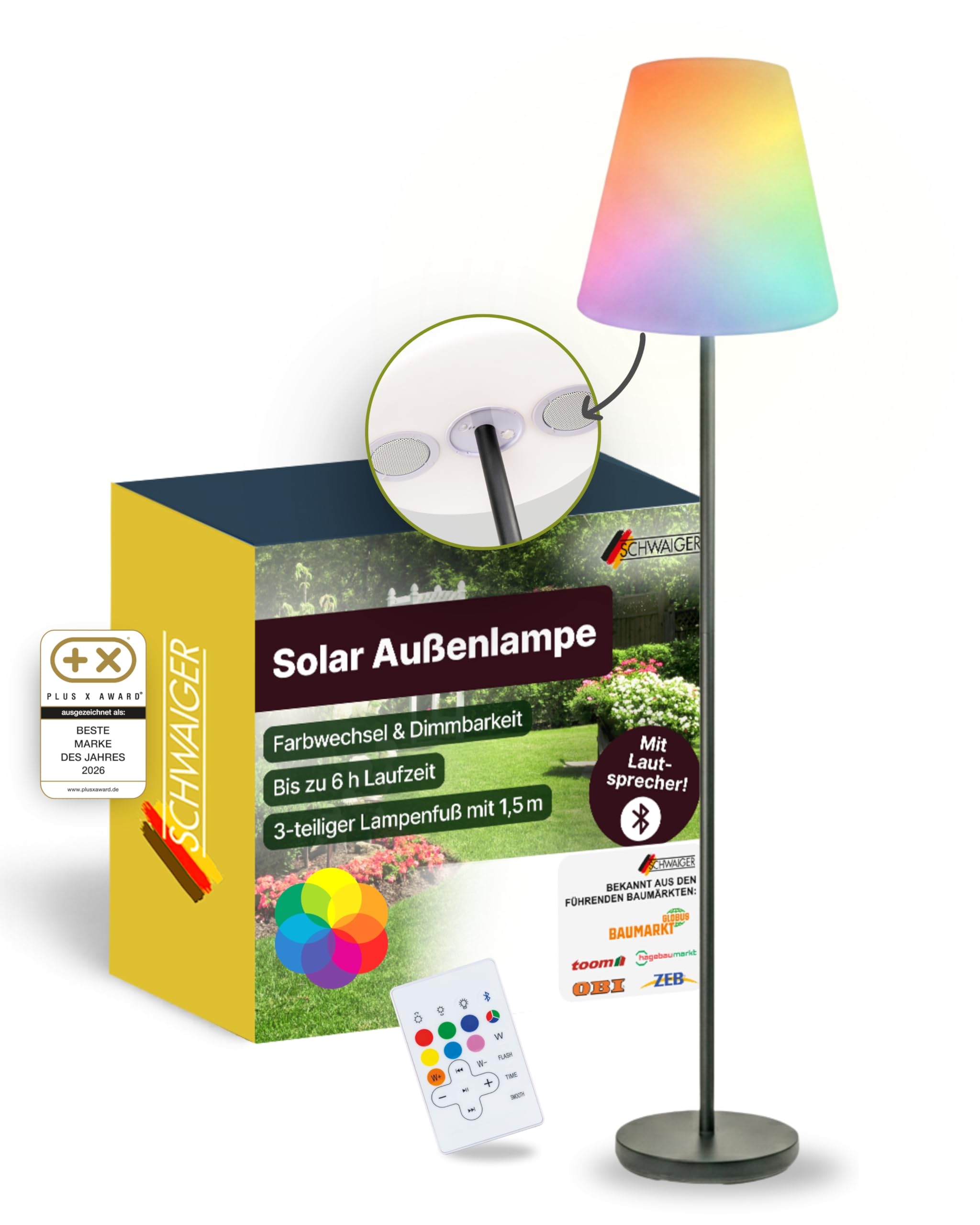 Schwaiger 661828 LED Solar-Außenlampe mit Bluetooth-Lautsprecher und Stehleuchte