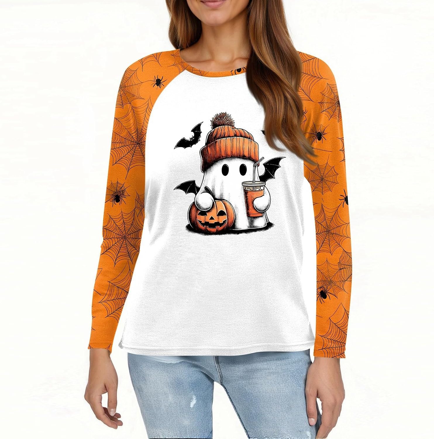 Womens Long Sleeve Crewneck Halloween Fall Ghost Graphic Shirts | Womens Boho Tops And Blouses Summer, Tshirts Women Loose Fit, Dressy Tunics, Golf Outfits for Women, Blusones