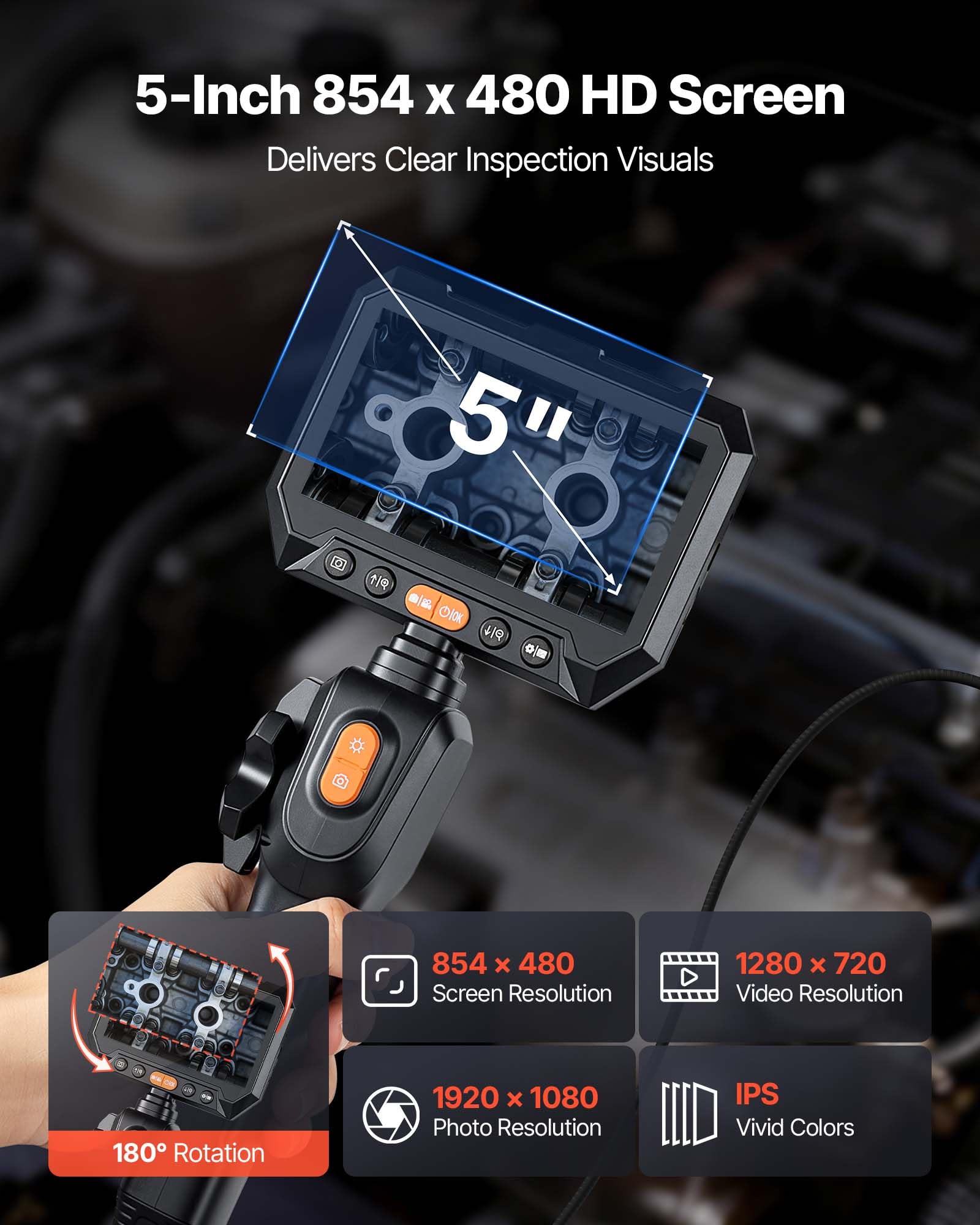 VEVOR Caméra Endoscopique 180° 2 Voies Endoscope avec Sonde 3,9 mm Caméra Inspection pour Canalisation Automobile avec Éclairage, Écran IPS HD 5 pouces, Câble Serpent Flexible 1,5 m, Zoom 8x, 5000 mAh