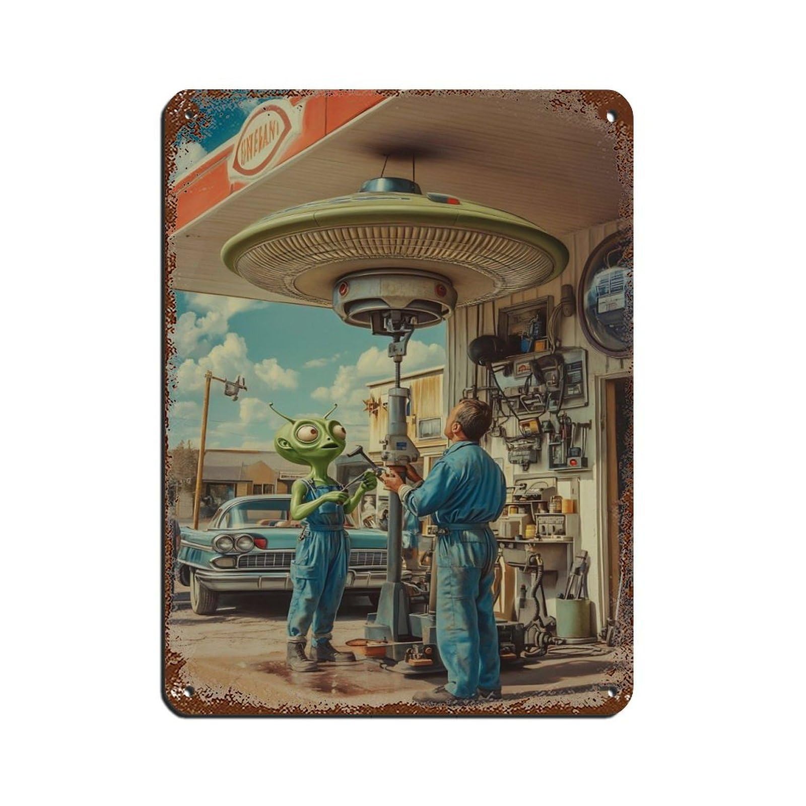 Retro UFO Alien Mechanic Retro Poster Metal Tin Sign Chic Art Retro Iron Painting Bar People Cave Cafe Family Garage Poster Wall Decoration 12x16inch(30x40cm)