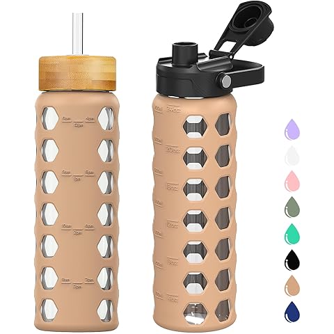 MUKOKO Glass Water Bottles, 24oz Glass Tumbler with Straw, Drinking Bottles with 2 Lids-Handle Spout Lid&Bamboo Straw Lid, Motivational Water Bottle with Time Marker and Silicone Sleeve, 1 Pack-Amber
