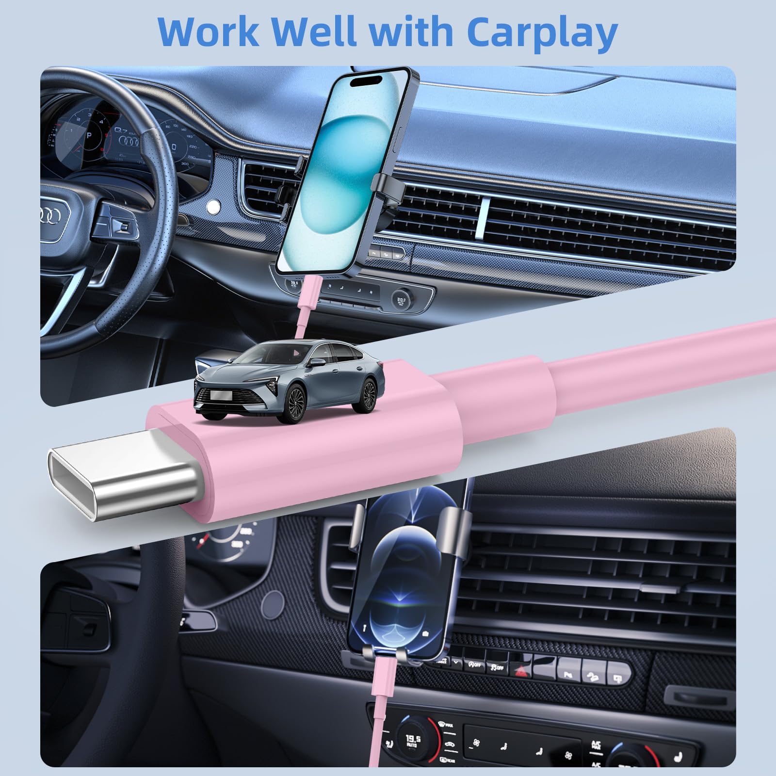 Paquete de 2 cables de carga rápida USB a USB C de 10 pies para iPhone 17, 16, 15, para Apple iPhone 17, 16, 15/Pro/Pro Max/Plus, cable largo tipo C Carplay para iPad Pro 12.9/11 para Android (rosa)