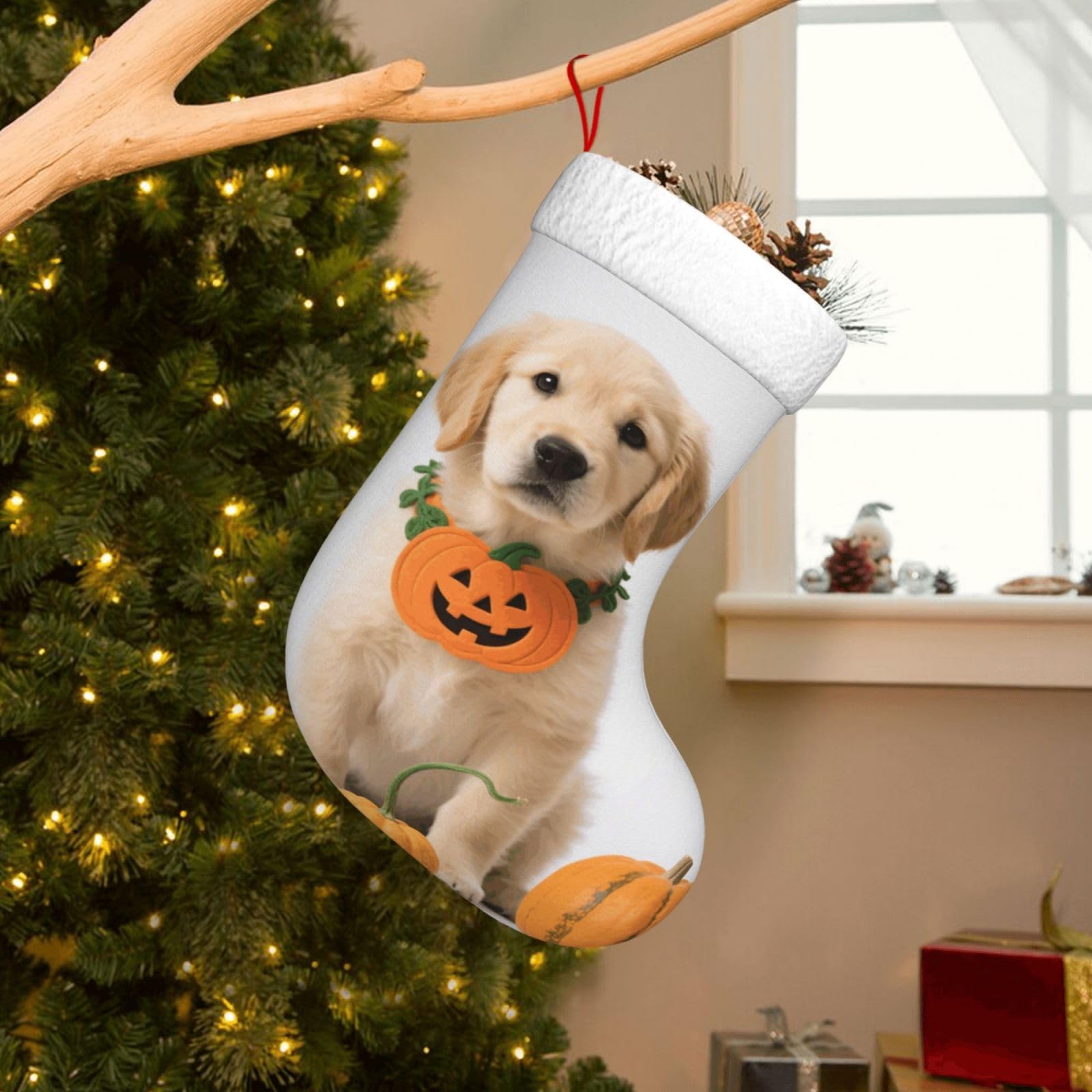 Velvet Christmas Stockings 17.7 Inch, Pumpkin Dog Xmas Stocking with Soft Cuff,Classic Personalized Christmas Tree Decoration for Family Holiday New Year Party Supplies