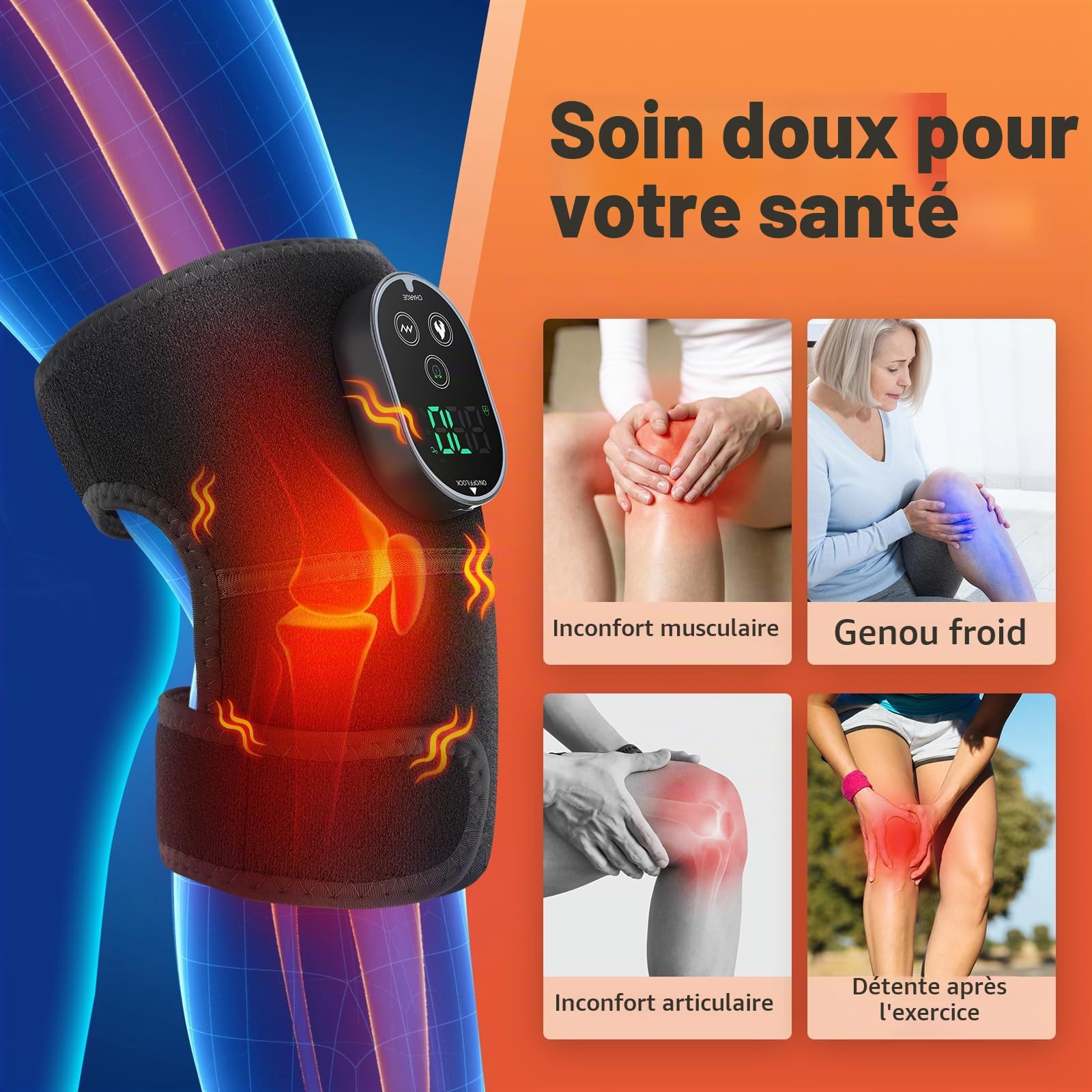 Genouillère Chauffante Sans Fil, Coussin Chauffant Pour Genou Avec Contrôle Tactile, Genouillère Chauffante Pour Épaule Et Coude Avec 6 Niveaux De Chauffage, 3 Modes De Massage, Réglages De Minuterie