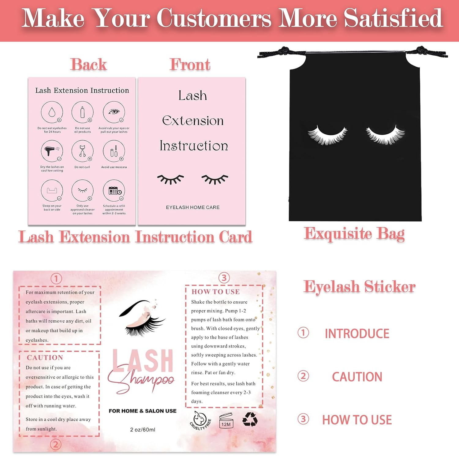 60PCS Lash Shampoo Bottles and Brushes Set, 10pcs Foam Pump Dispenser, Lash Cleaning Brush, Eyelash Extension Tube Brush, Instructions Cards, Bags, Lash Shampoo Stickers for Lash Business (B-black)
