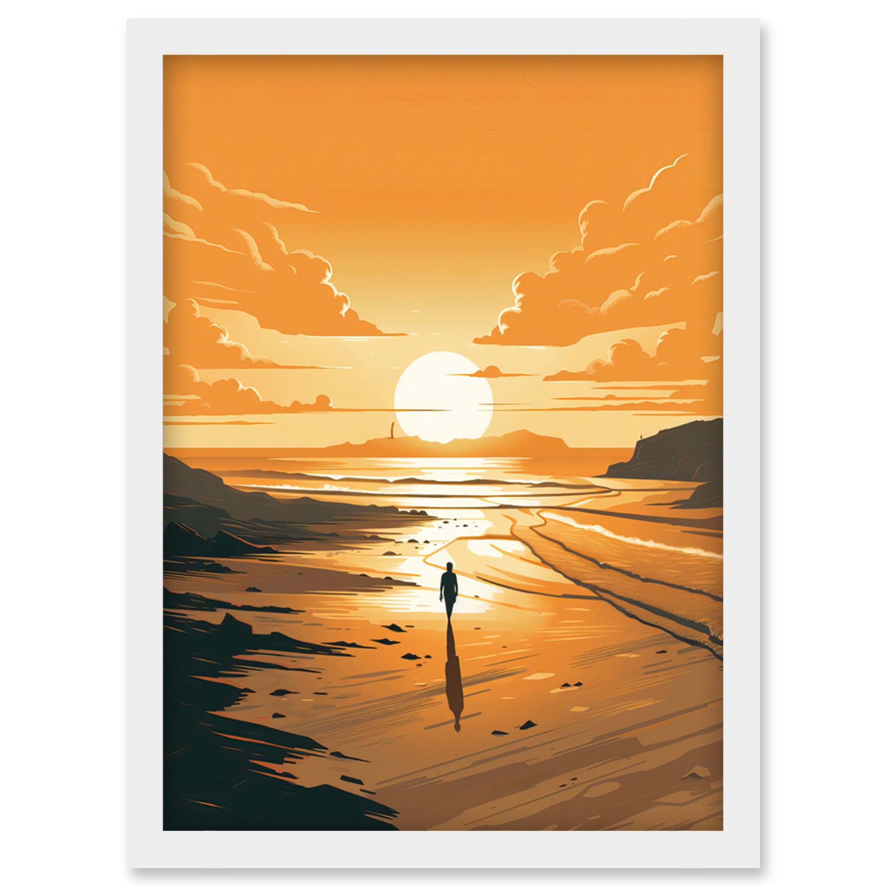 Artery8 Walk into the Sunset Sand Beach Coastal Landscape Artwork Framed Wall Art Print A4