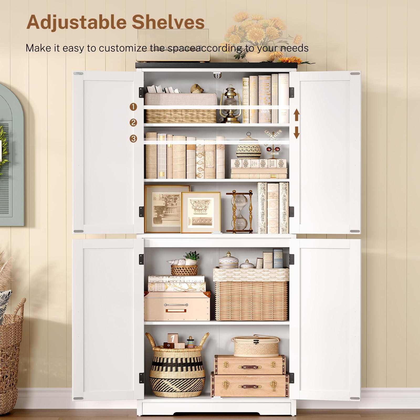 TEENFON Farmhouse Storage Cabinet with 2 Adjustable Shelves, Pantry Cabinet with 4 Barn Doors, Bathroom Cabinet, Cupboard for Kitchen, Living Room, Entryway, White - 4