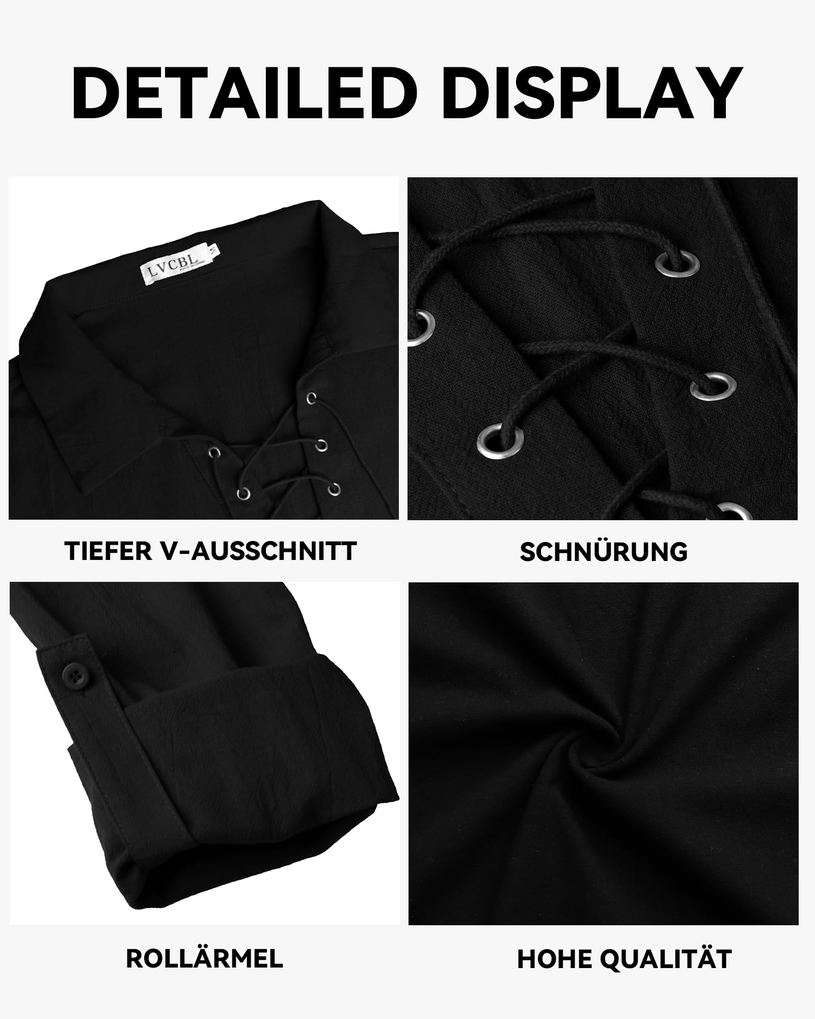 LVCBL Herren Mittelalter Hemd Viking Kostüm Leinenhemd Herren Langarm Piratenhemd M-3XL
