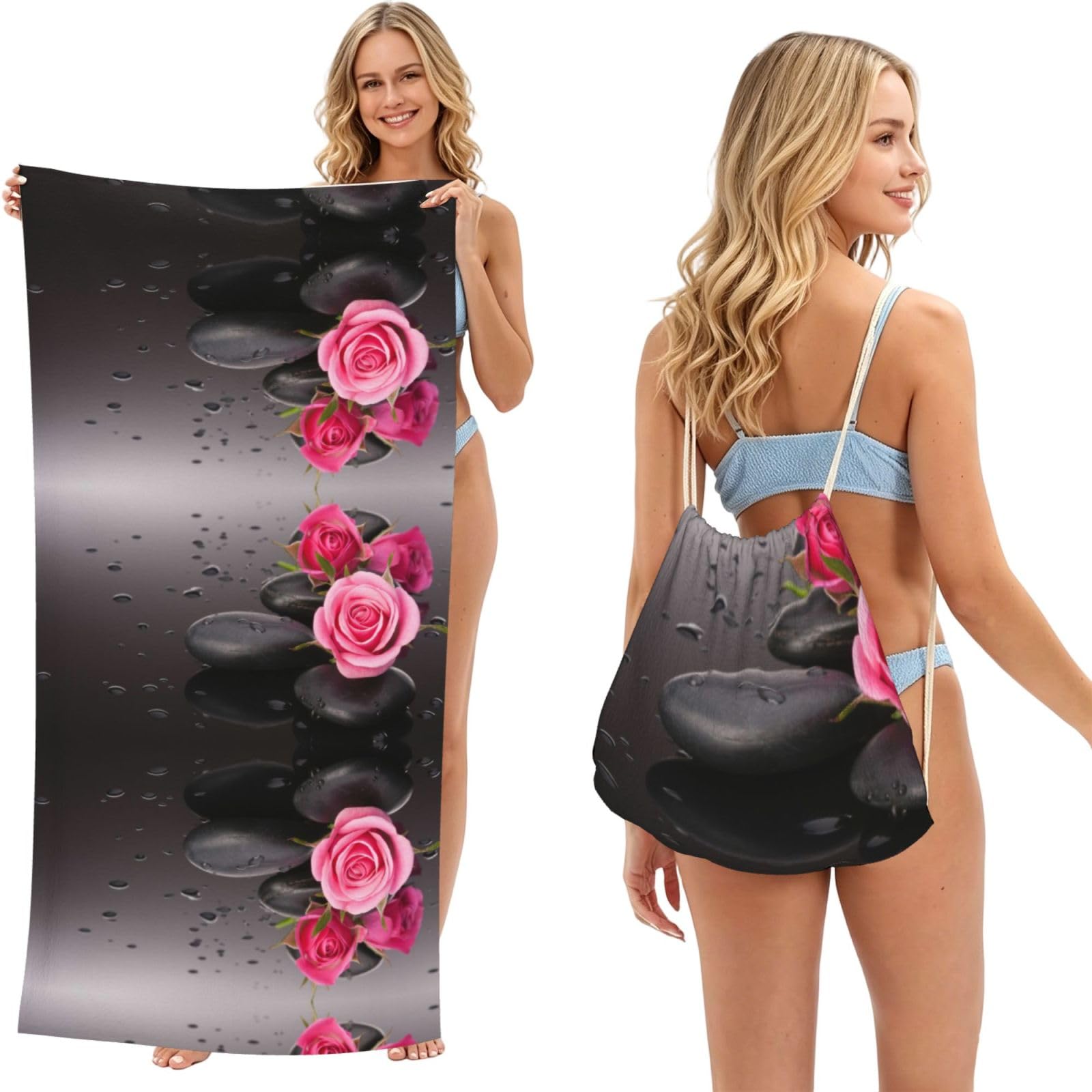 ESNAIUVCD Spa Stone And Rose Flowers Print Beach Towel For Adults,Towel With Drawstring Bag, Travel Pool Swimming Sports Shower Sand Free Quick Dry Bath Towel For Pool, Beach, Yoga- 180x60cm