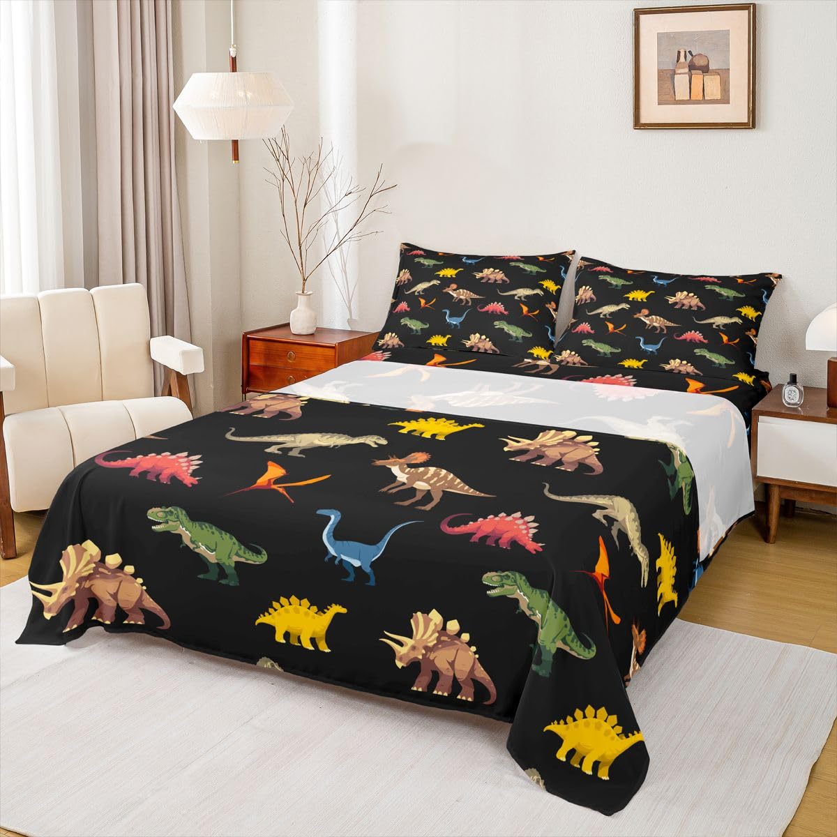Homewish Czarny dinozaur prześcieradła podwójne kolorowe dinozaur zestaw pościeli uroczy zabawny kreskówka zwierzęta zestaw pościeli - safari dzika przyroda dopasowane płaskie prześcieradła 4 sztuki