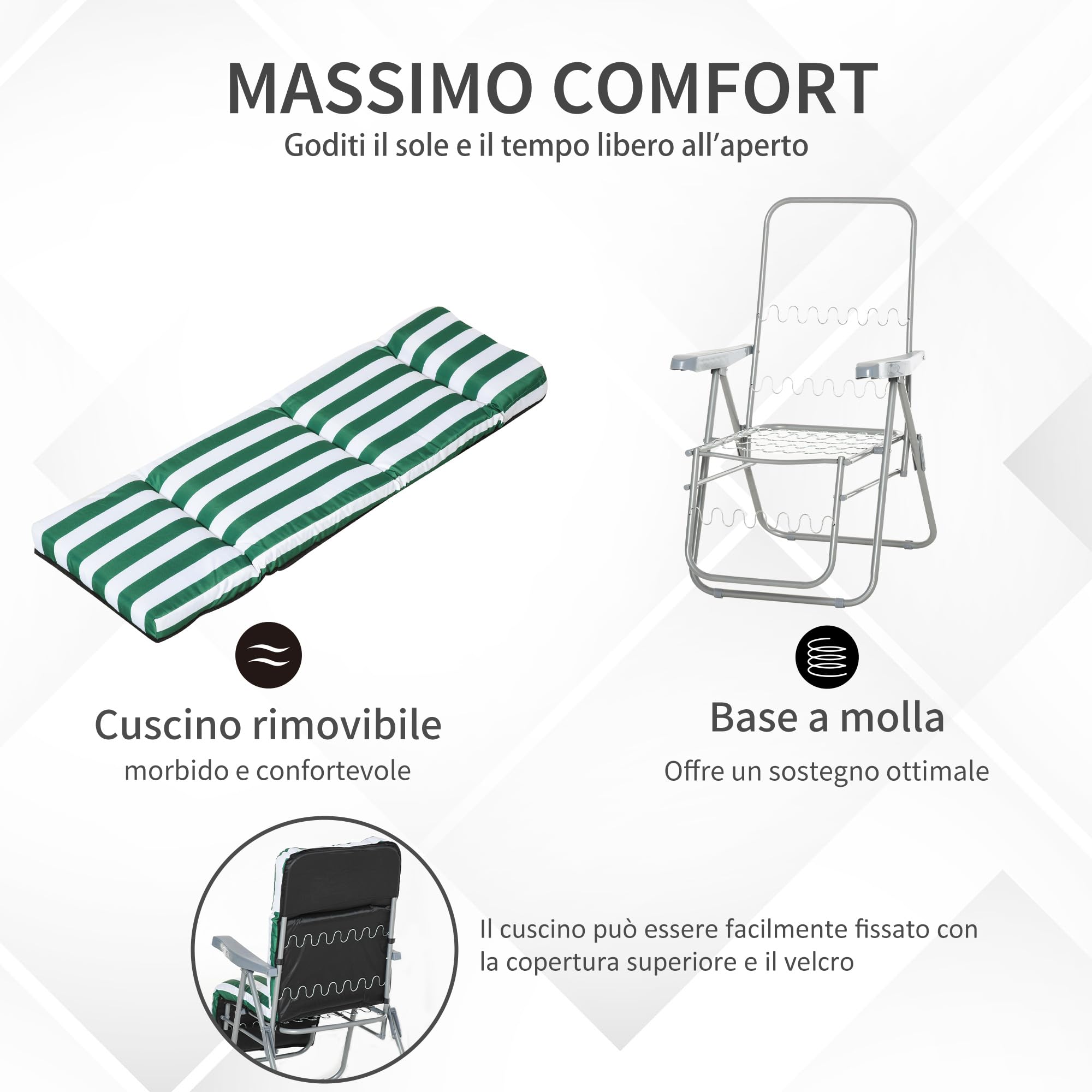 Outsunny Sedia Sdraio da Spiaggia da 2 Pezzi Pieghevole Verde e Bianco | Lettini Prendisole, Sdraio da Giardino, Reclinabile, con Cuscino Imbottito
