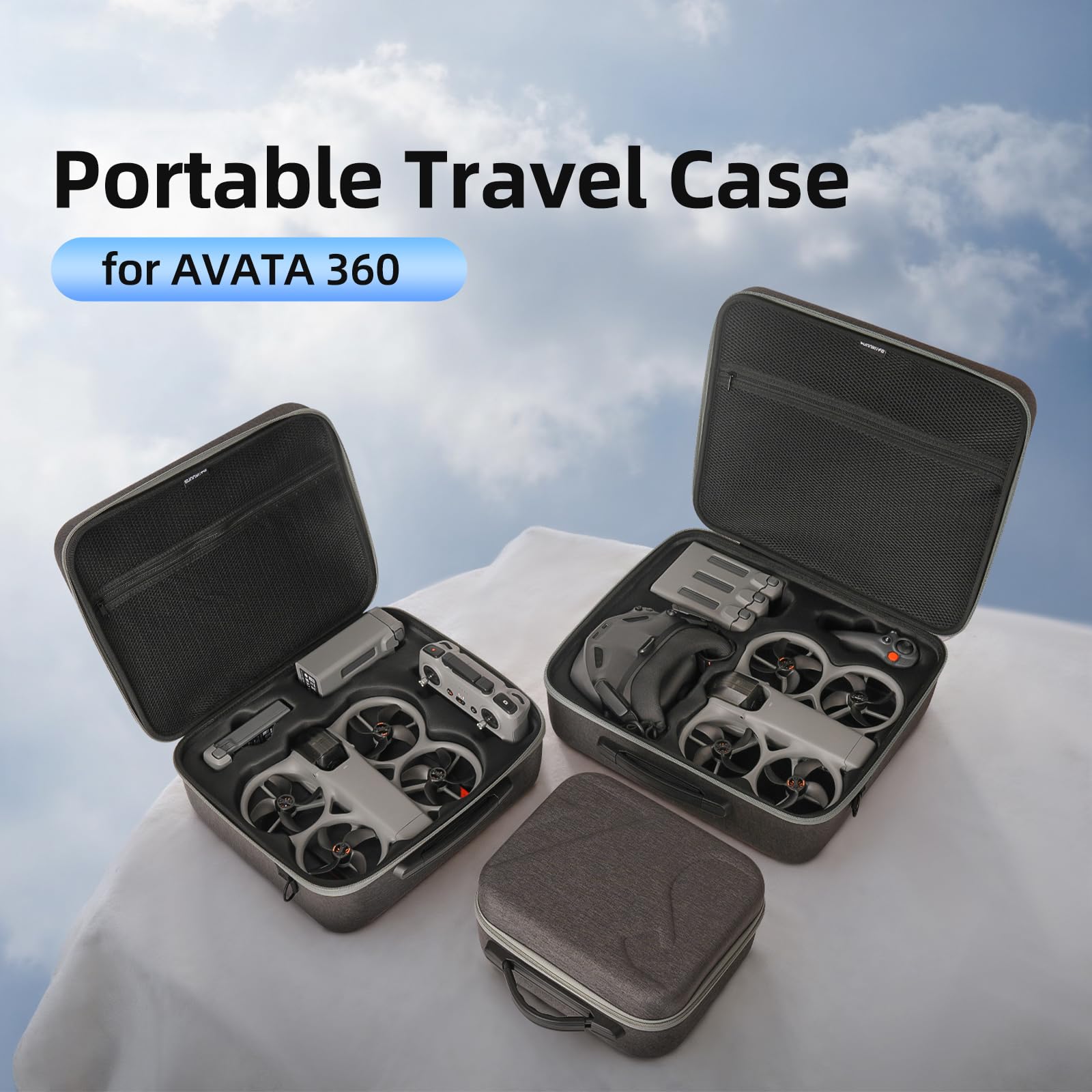 Tragbare Reisetasche, kompatibel mit DJI Avata 360, wasserdichte Hartschalen-Aufbewahrungstasche mit Griff und Gurt für Drohnenbatterien, Brillen und RC-Bewegungssteuerung, grau, M, Tragbare