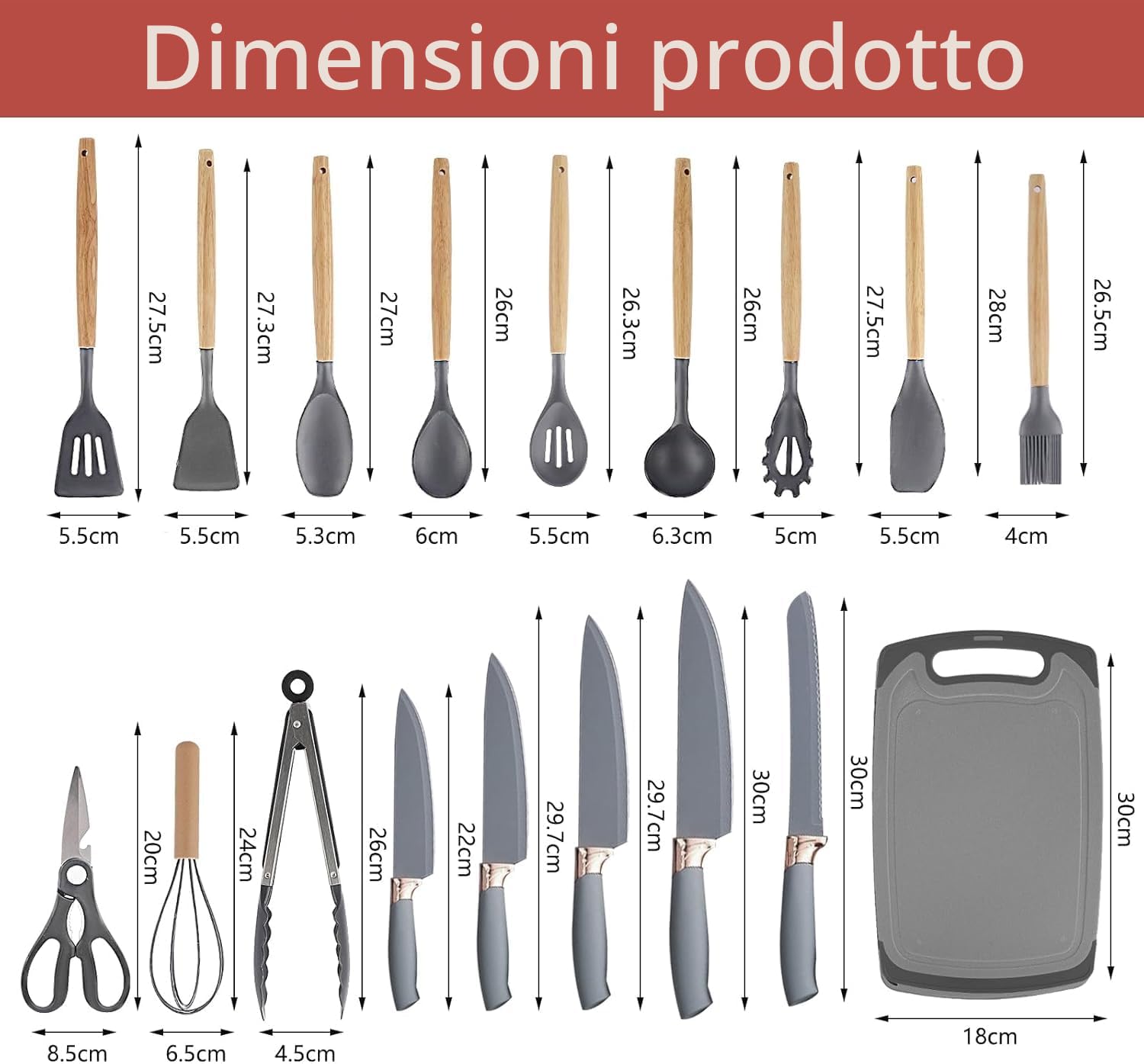 Set Coltelli da Cucina, pacchetto di utensili da Cucina da 19 pezzi, comprende 5 coltelli e 13 utensili da cucina in silicone, oltre a 1 scatola di stoccaggio (grigio)