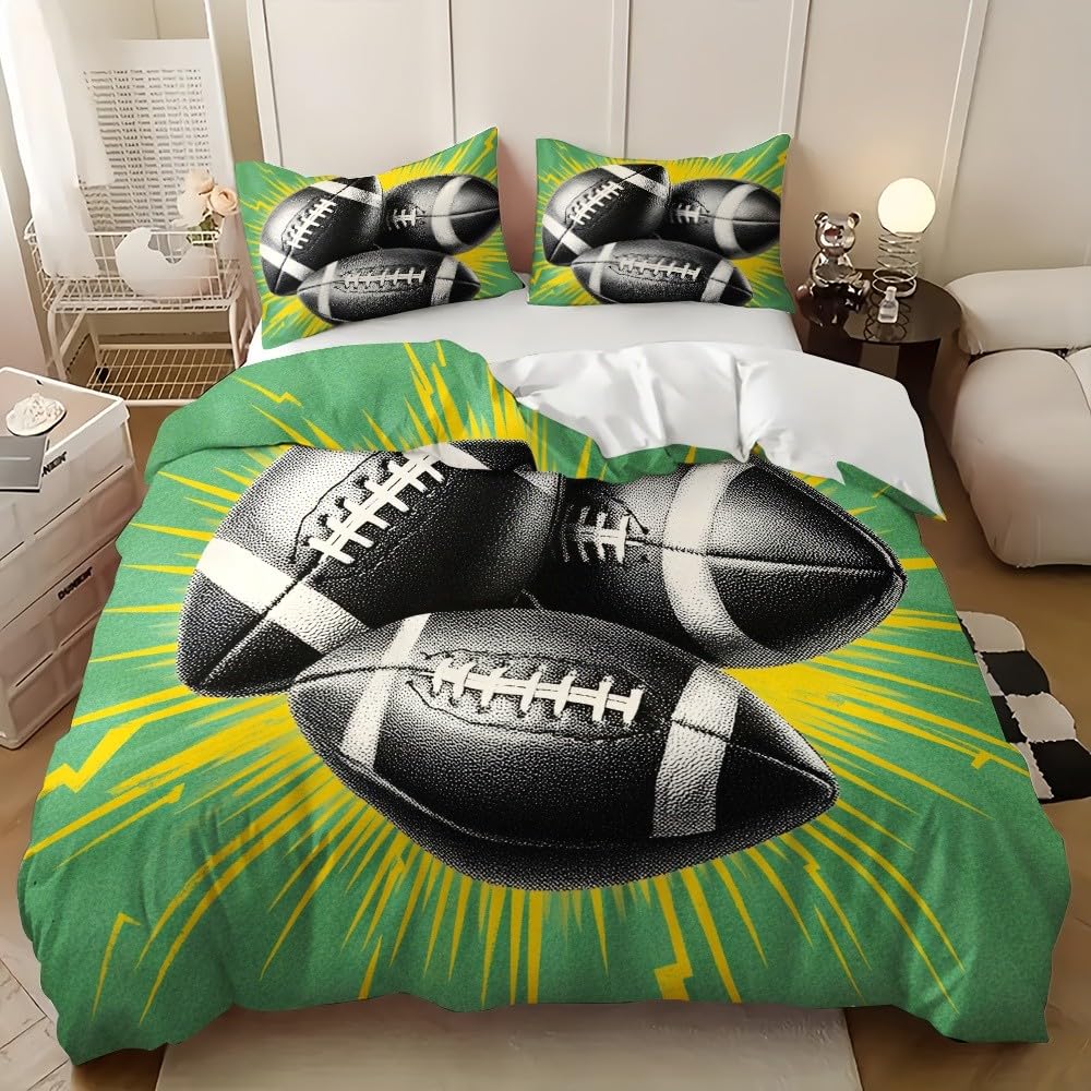 Housse de couette rugby verte 200x200 cm en microfibre respirante pour lit 2 personnes de garçon