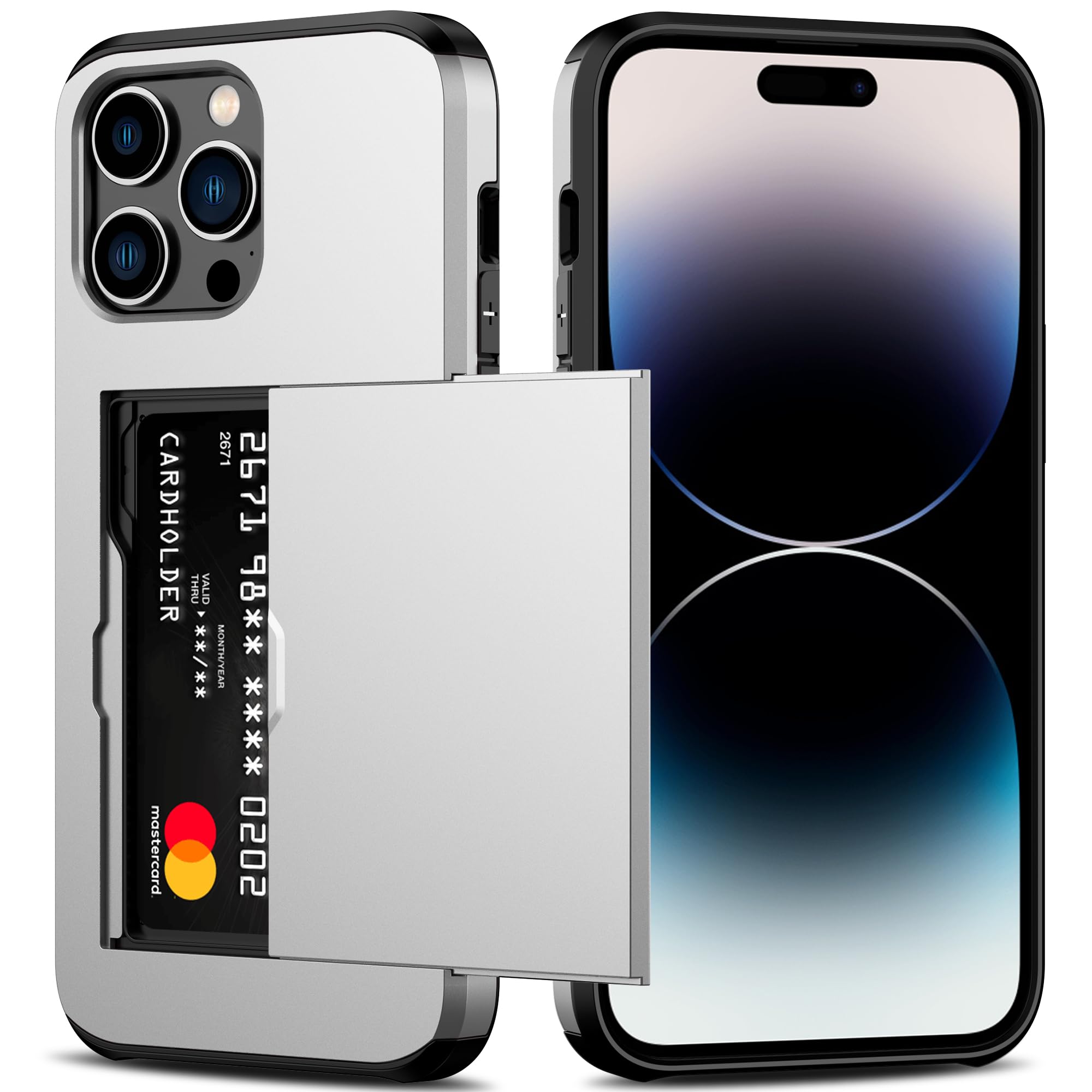 Nvollnoe for iPhone 14 Pro Max Case with Card Holder Heavy Duty Protective Dual Layer Shockproof Hidden Card Slot Slim Wallet Case for iPhone 14 Pro Max for Women&Men(Silver)