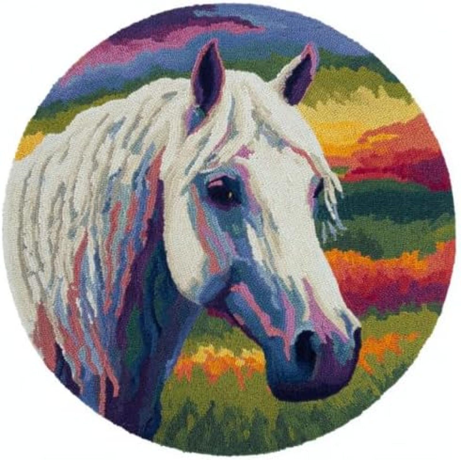 Latch Hook Rug Kit White Horse Grazing On Grass Round Rug 52x52cm