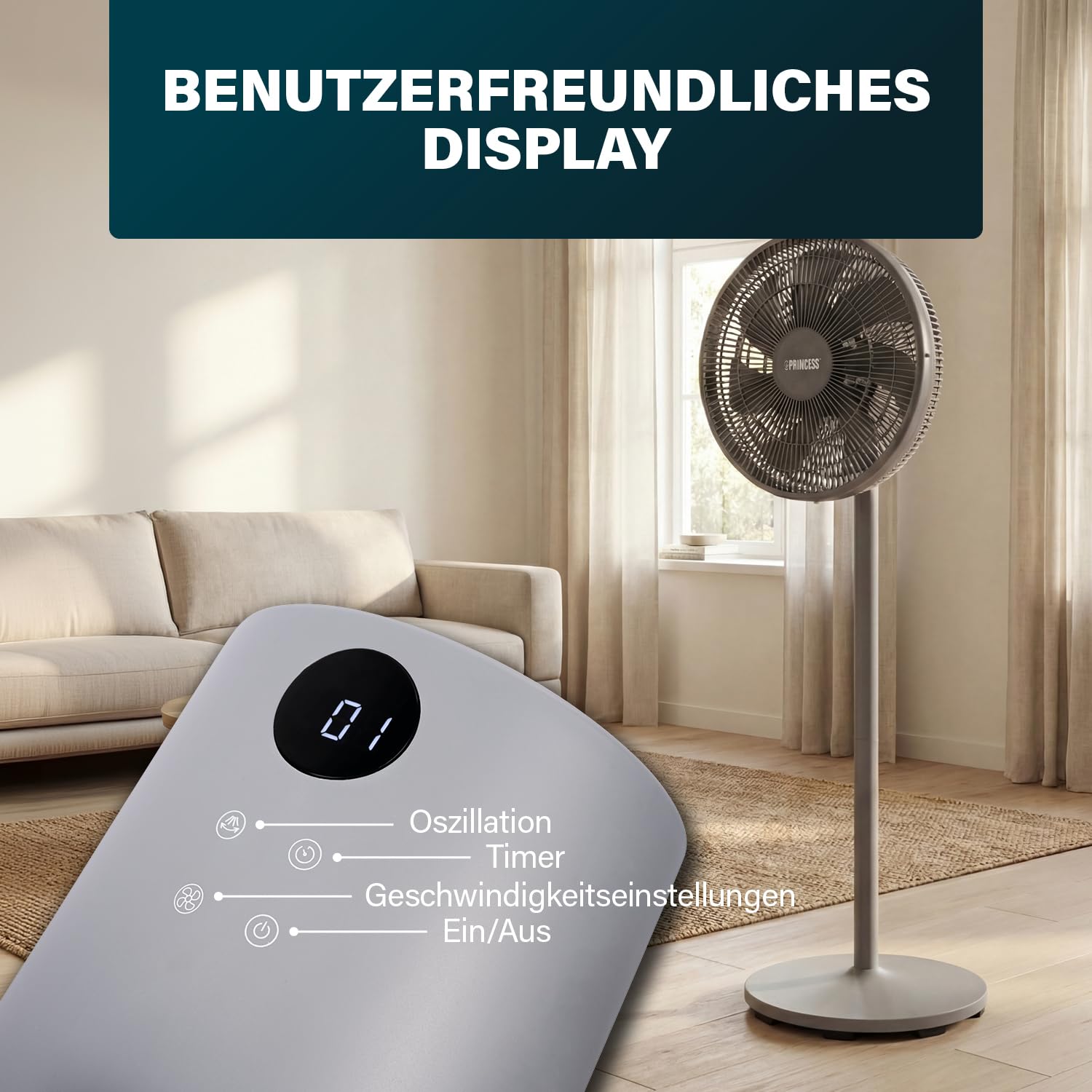 Princess Säulenventilator - Elegantes Design - 30 W - Leistungsstark, Leise, Energieeffizient - Durchmesser: 44 cm - Oszillierend - 12 Geschwindigkeiten - 354822